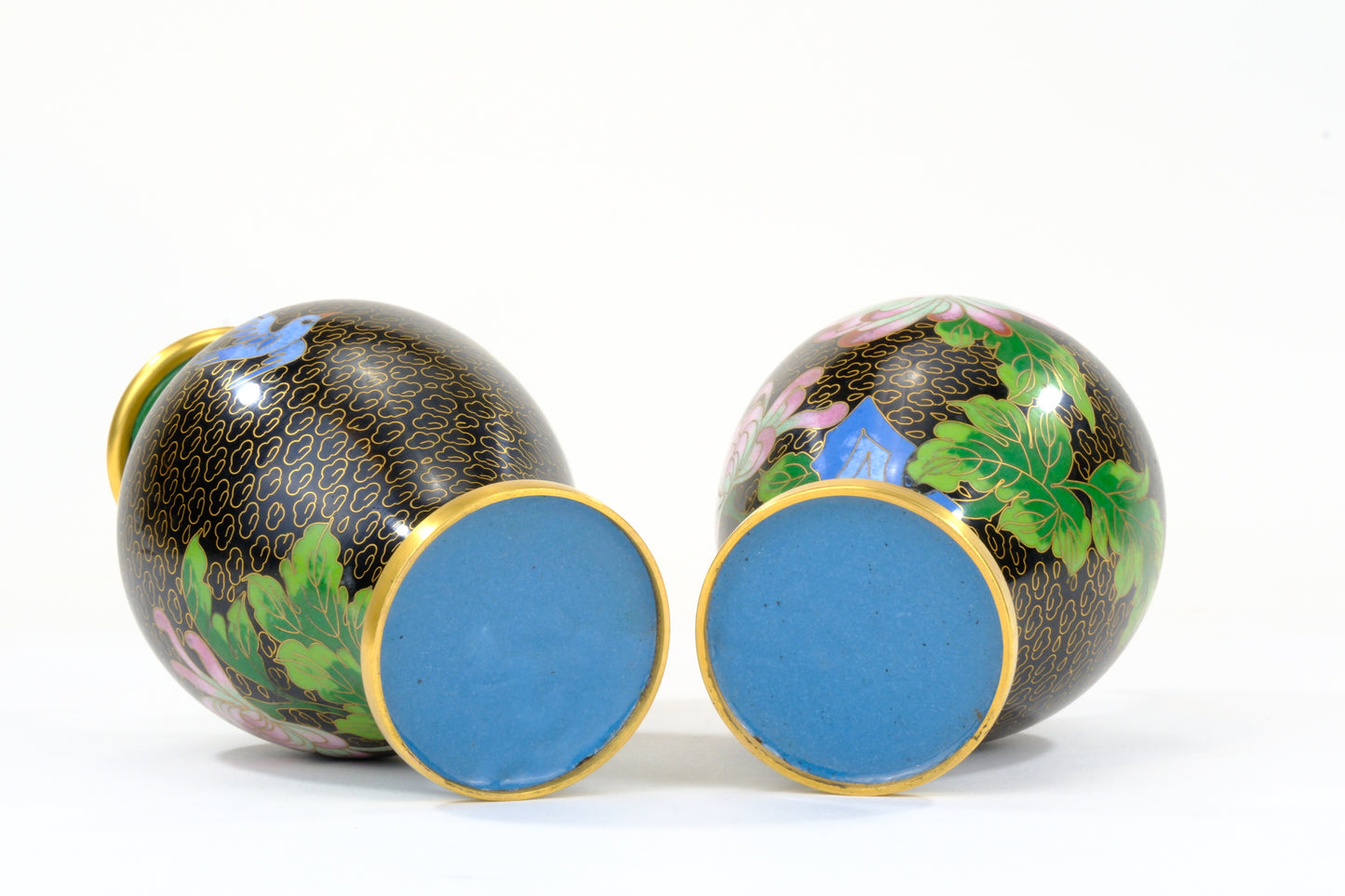 Chinese Cloisonne Enamel Vase Pair Black Ground Blue Bird Pink Peony Gold Rim