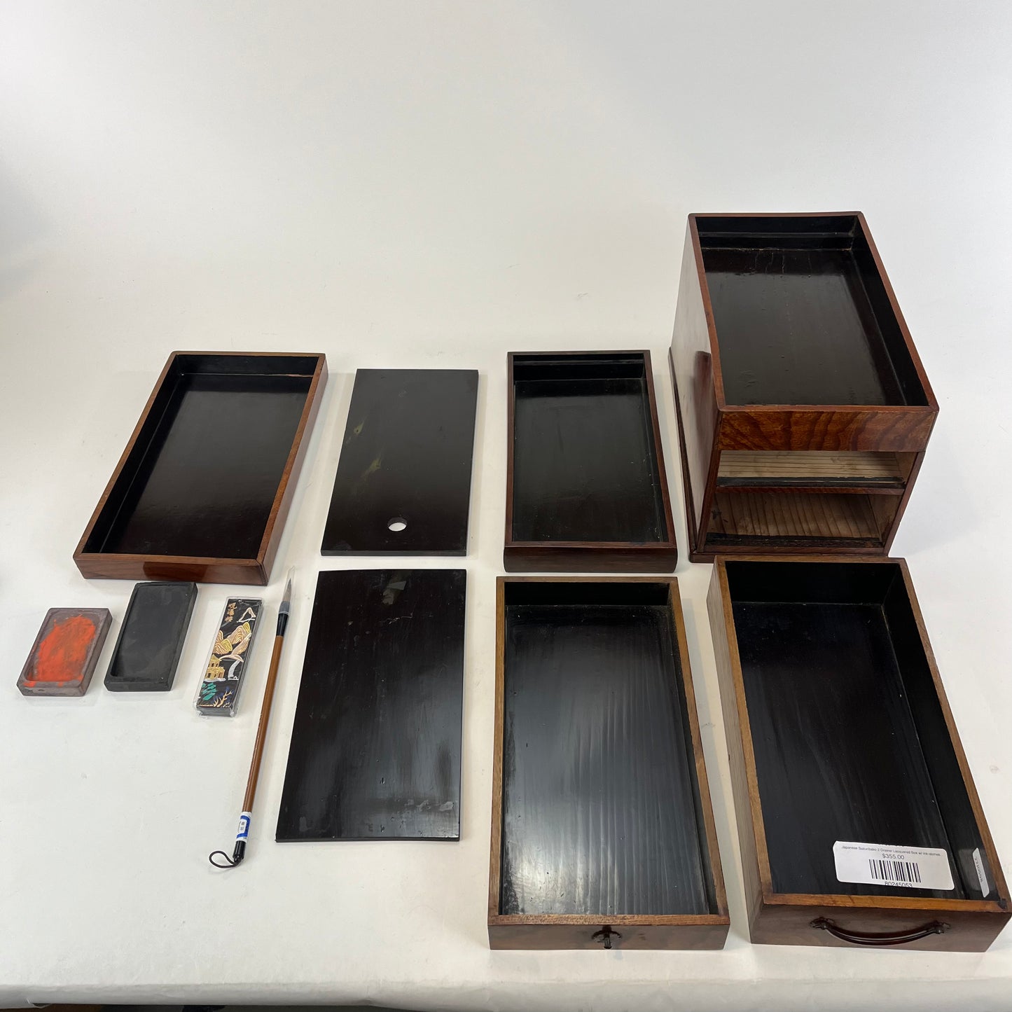 Japanese Suzuribako 2 Drawer Lacquered Box w/ Ink-stones, Brush & Ink Stick Set