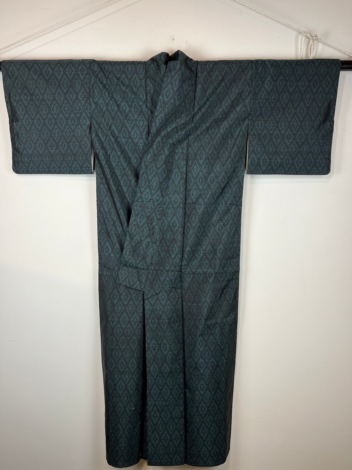 Vintage Japanese Silk Kimono Emerald Green Diamond Pattern 60"L
