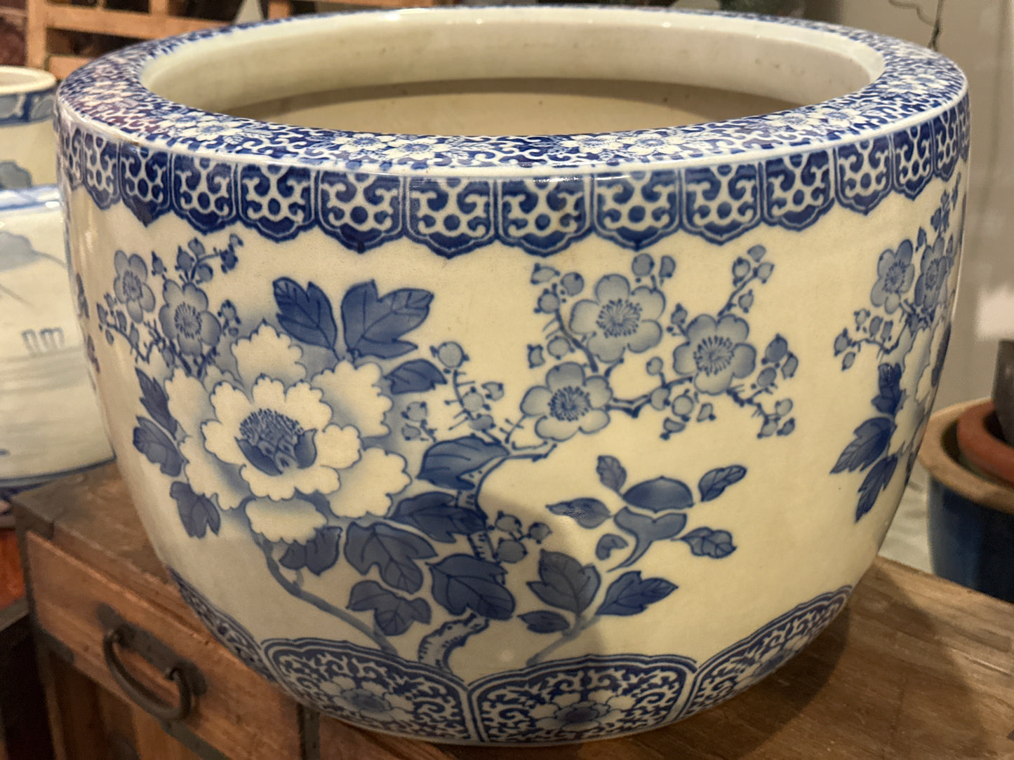 Antique Japanese Meiji Era Ceramic Blue & White Hibachi Brazier Floral Motif 24”