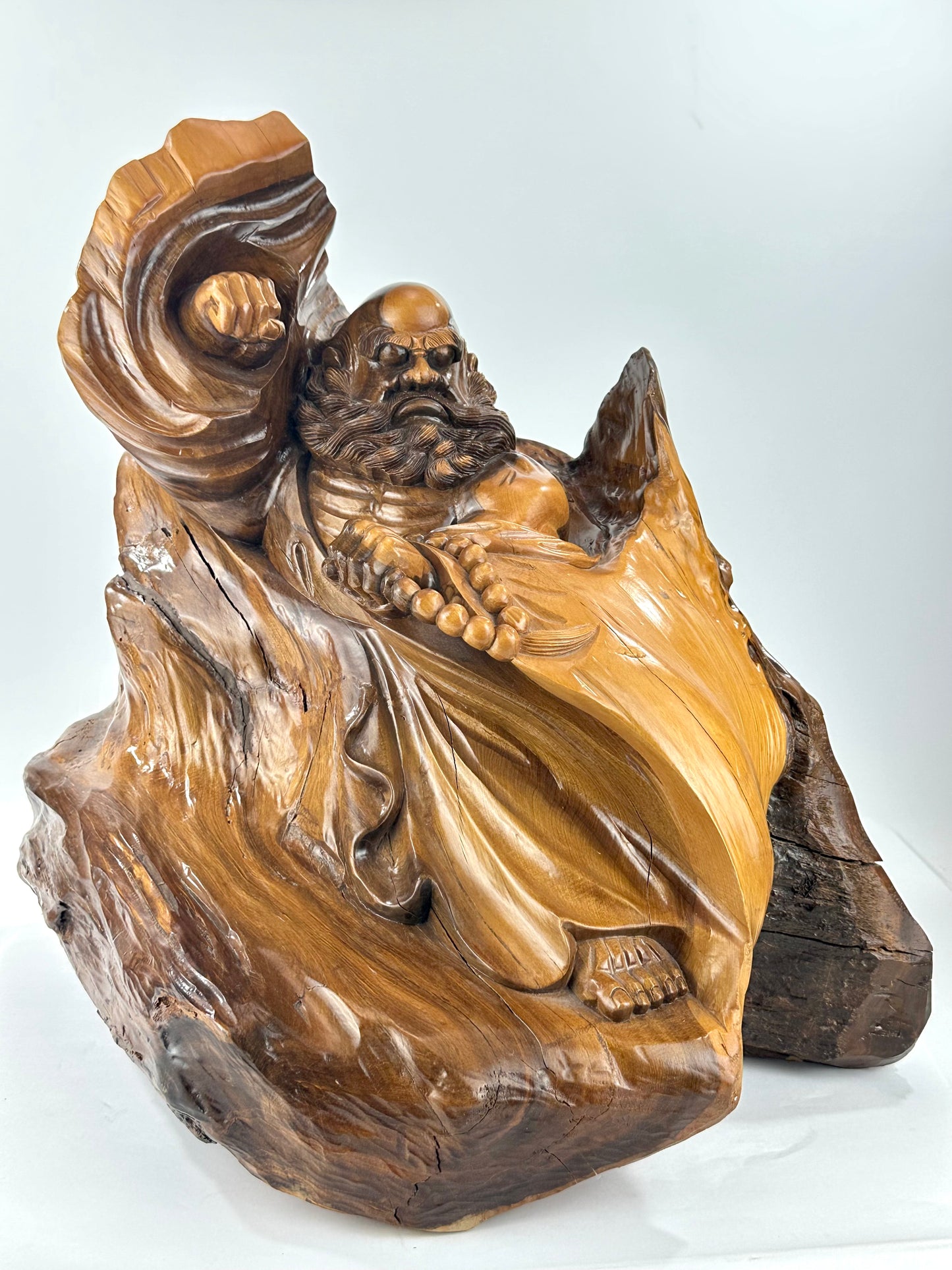 Japanese Showa Era Sugi Wood Carved Daruma Bodhidharma Sculpture Root Wood Base 17"H LS#089
