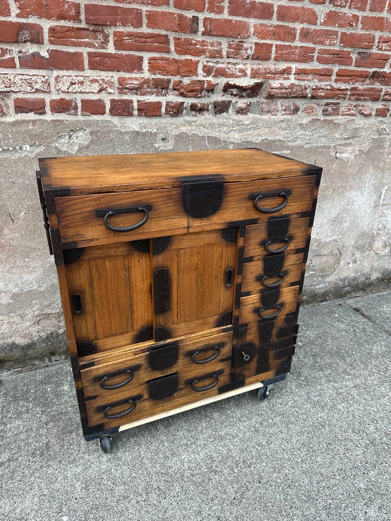 Antique Japanese Chobadansu Merchant Chest Sugi Iron Hardware Dated Meiji 1880
