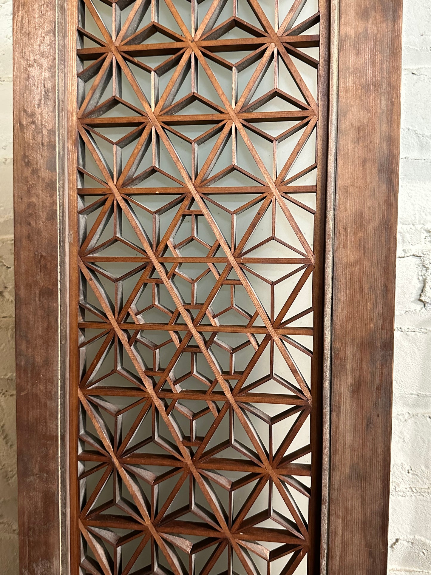Vintage Japanese Ranma Transom Glass Geometric Lattice Sugi Wood 68"