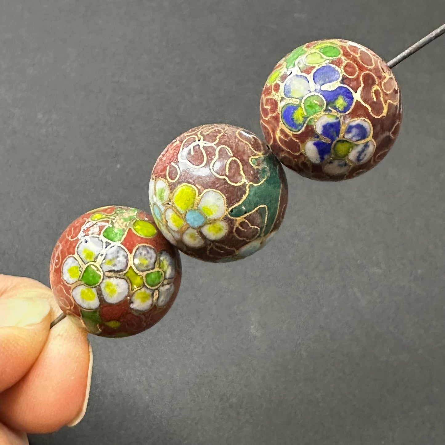 One Vintage Chinese Cloisonne Red Floral Bead 18mm Glass Enamel Jewelry