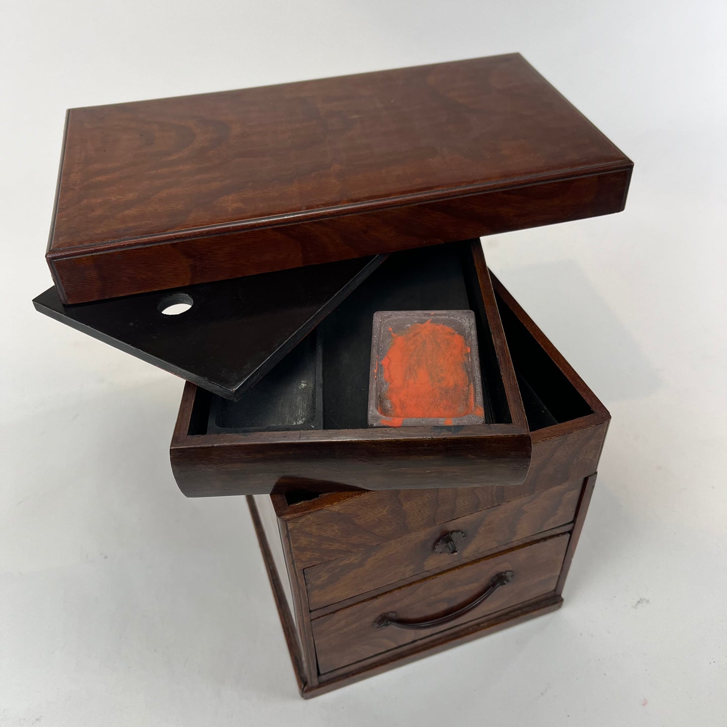 Japanese Suzuribako 2 Drawer Lacquered Box w/ Ink-stones, Brush & Ink Stick Set