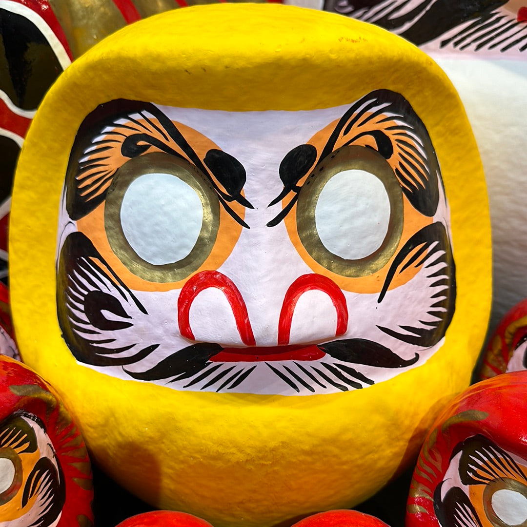 Japanese Traditional Papier-mâché Daruma Wishing Doll in Gold 11”H