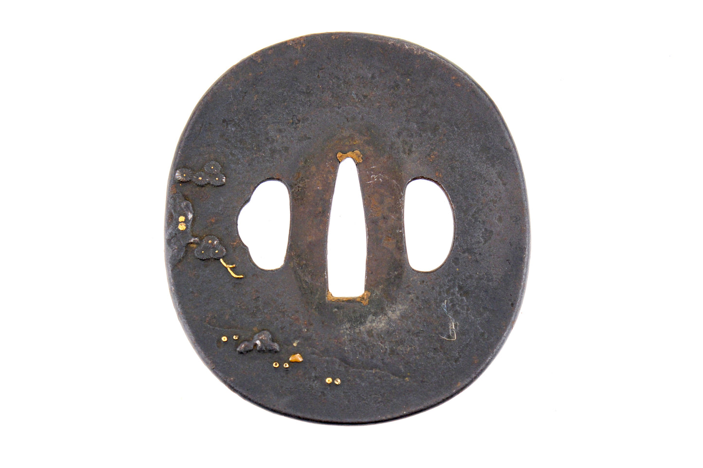 Antique Japanese Samurai Iron Tsuba Sword Hilt Guard Gold Copper Inlay