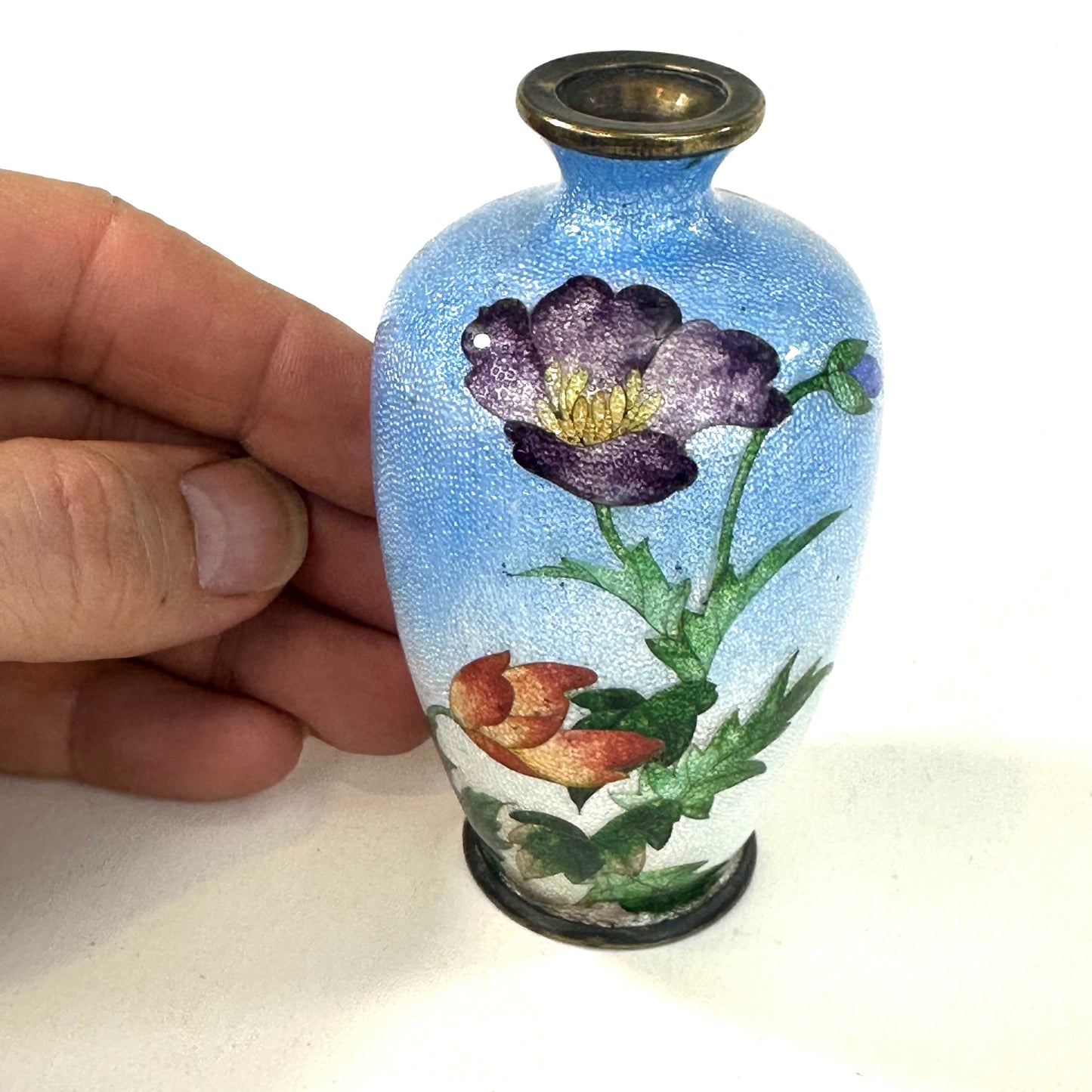 Antique Japanese Meiji Era (c1910) Signed Ota Toshiro Cloisonné Vase Sky Blue 3.5”