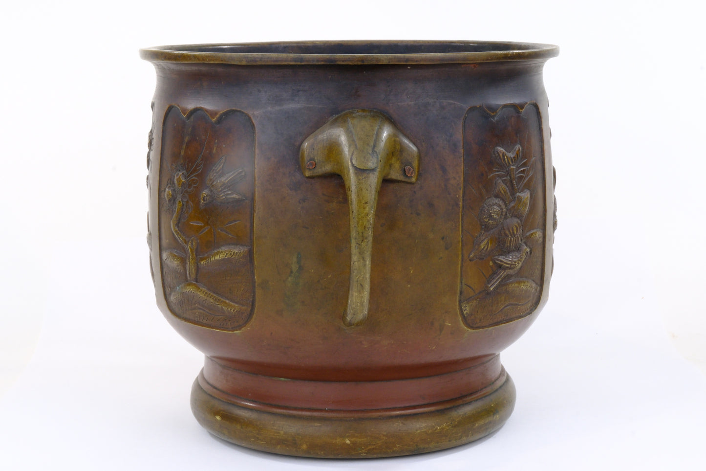 Antique Japanese Meiji Era Bronze Hibachi Brazier Floral Motif 9"H