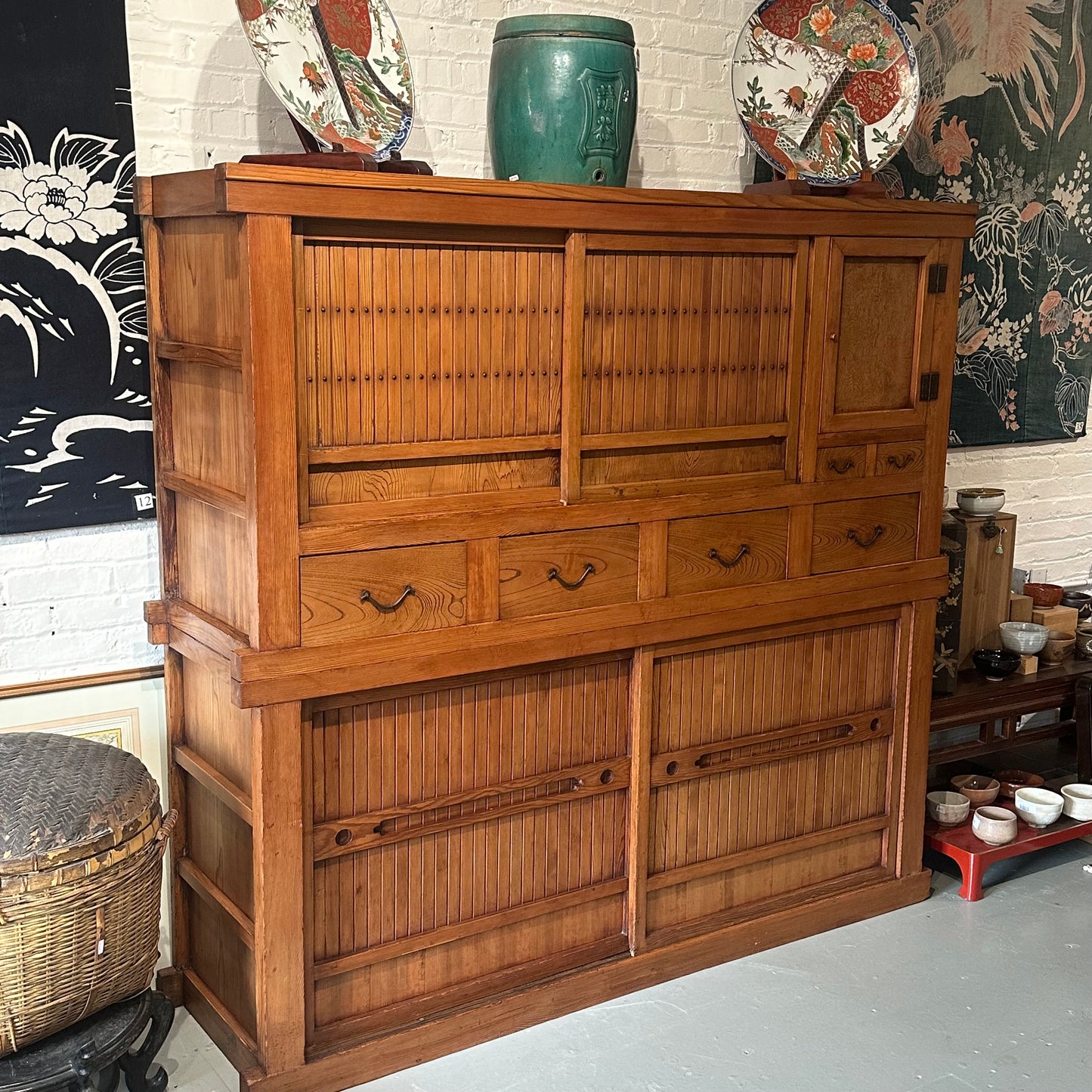 Antique Japanese Kitchen Tansu Meiji Era c1890's Keyaki & Sugi Wood Tansu Chest 6'