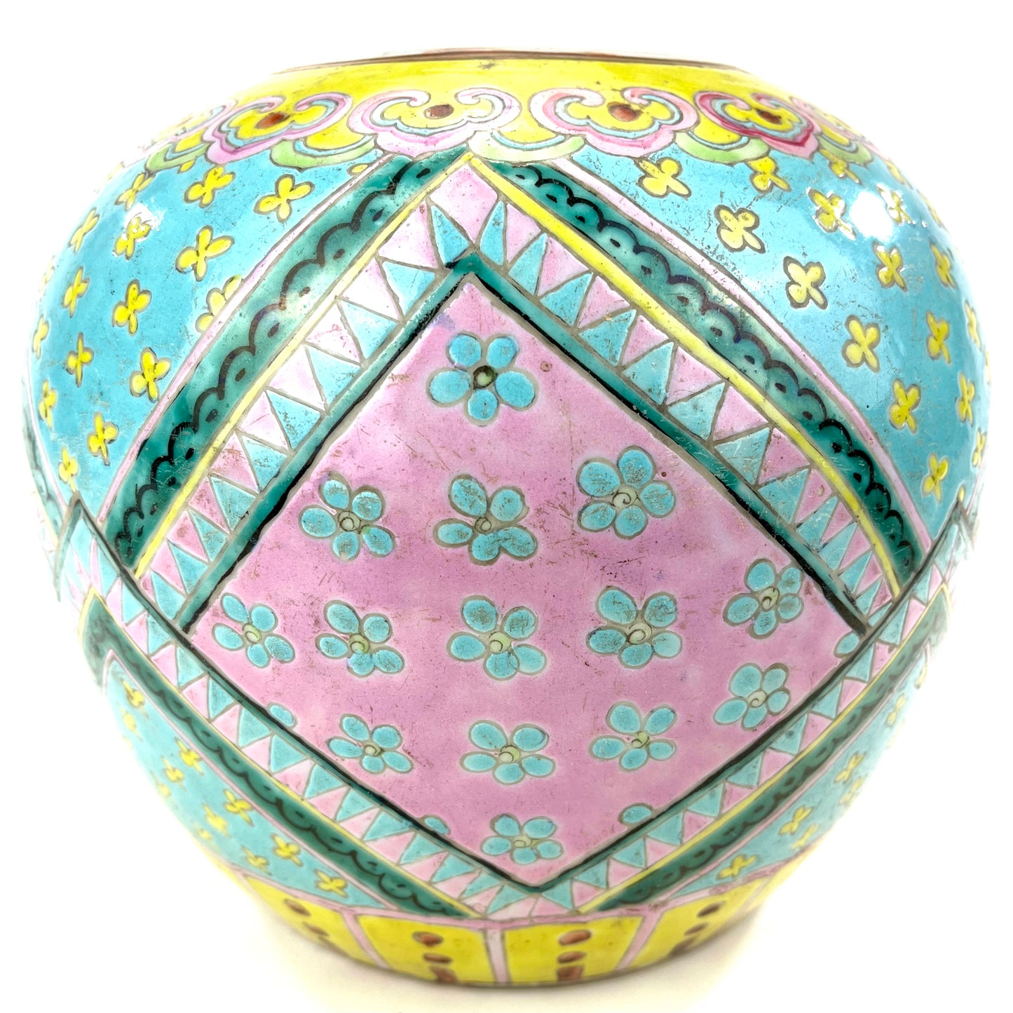 Antique Chinese Qing 19th Century Green & Pink Ginger Jar Hand Painted 8"