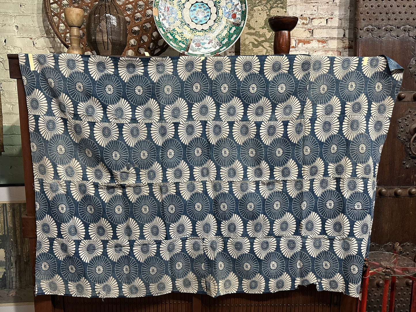 Antique Japanese 19th Century Textile - Katazome Indigo 49" x 73" Kiku #81
