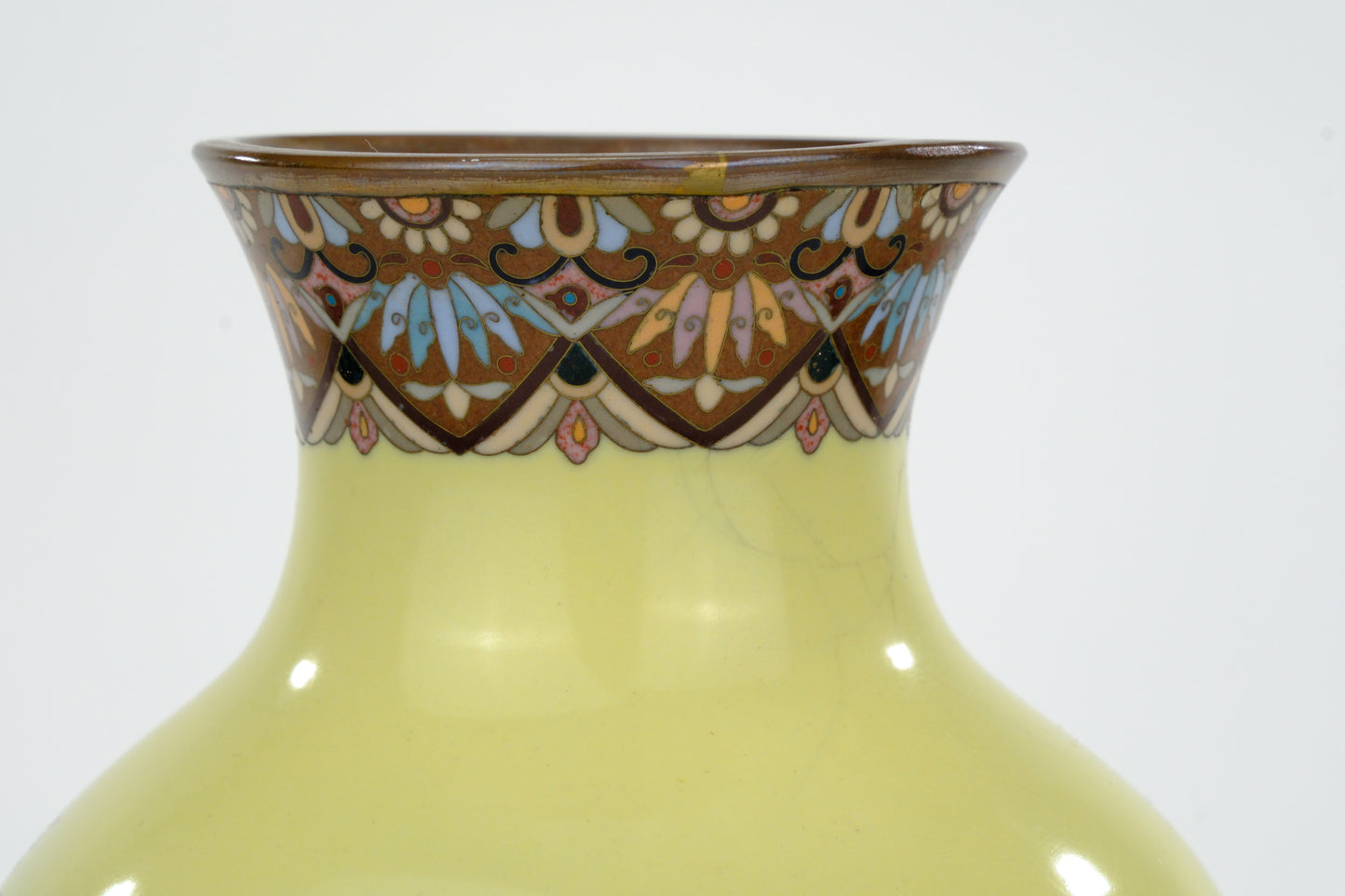 Antique Japanese Meiji Era (c1880) Cloisonné Vase Geese in Flight Yellow 10”