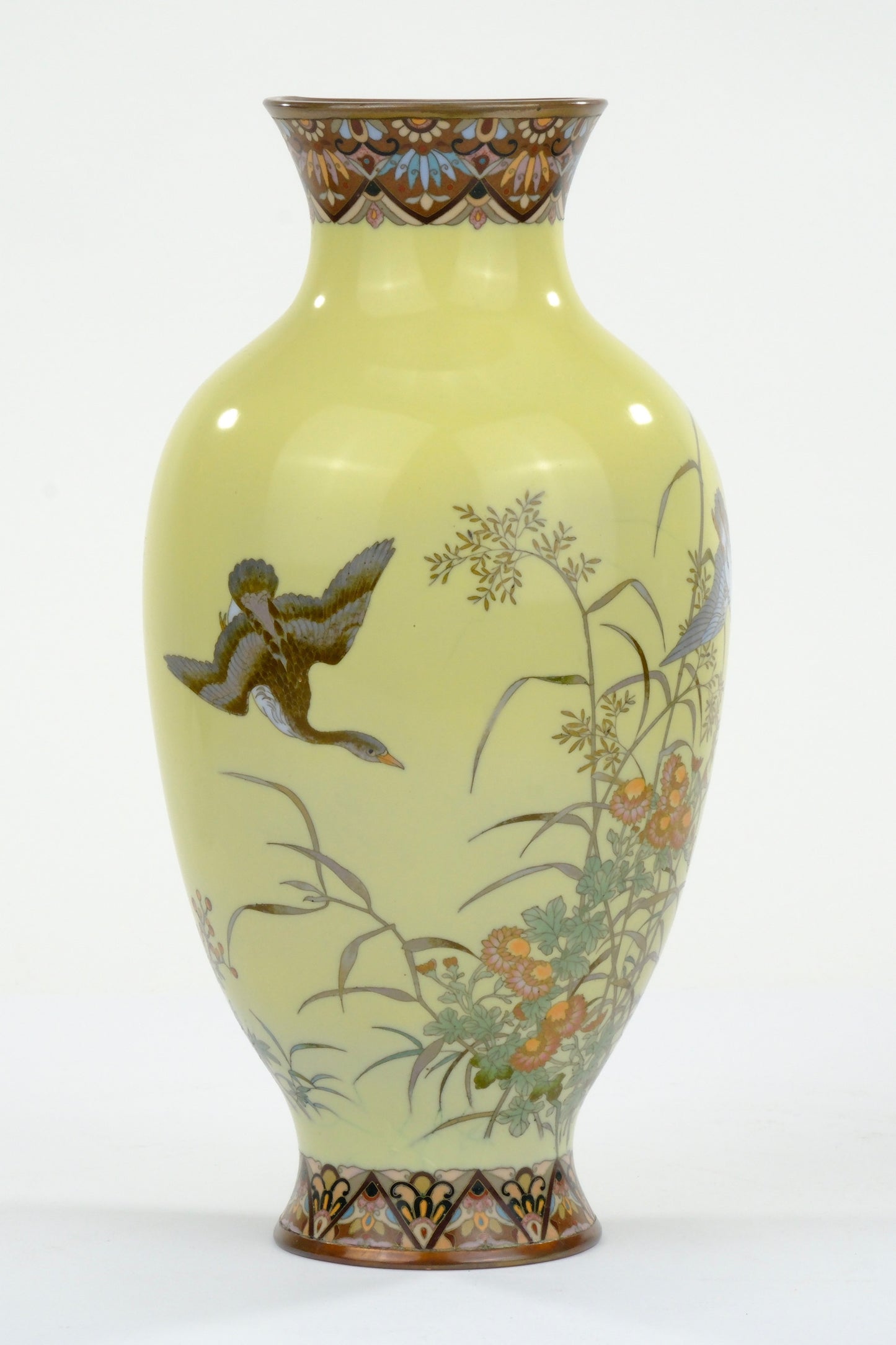 Antique Japanese Meiji Era (c1880) Cloisonné Vase Geese in Flight Yellow 10”