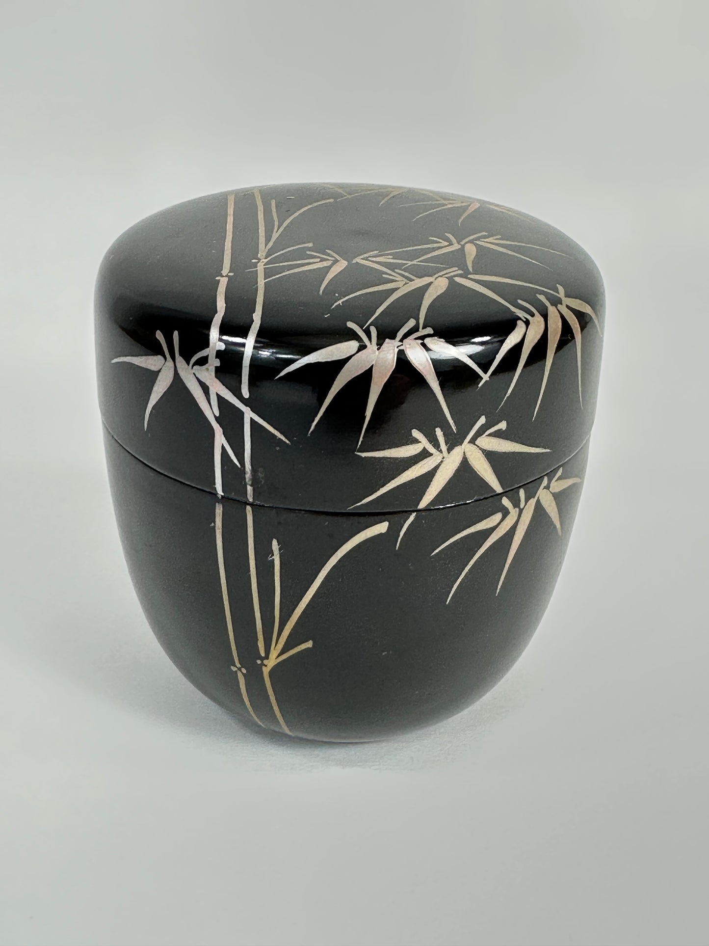 Vintage Japanese Tea Ceremony Natsume Black Lacquer Silver Bamboo 3”