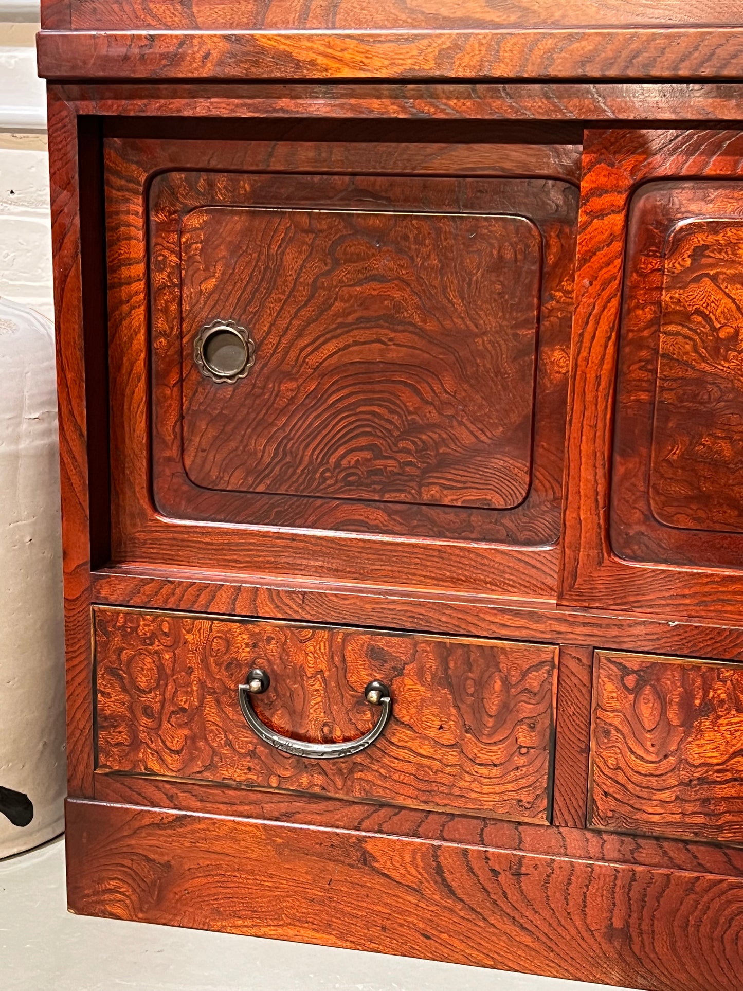 Antique Japanese Display Tansu Taisho Era Keyaki Elm Persimmon Stain Chest 32"W
