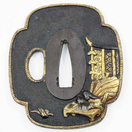 Japanese Edo Period Iron Tsuba Genji Monogatari Scene Gold Silver Inlay LS193