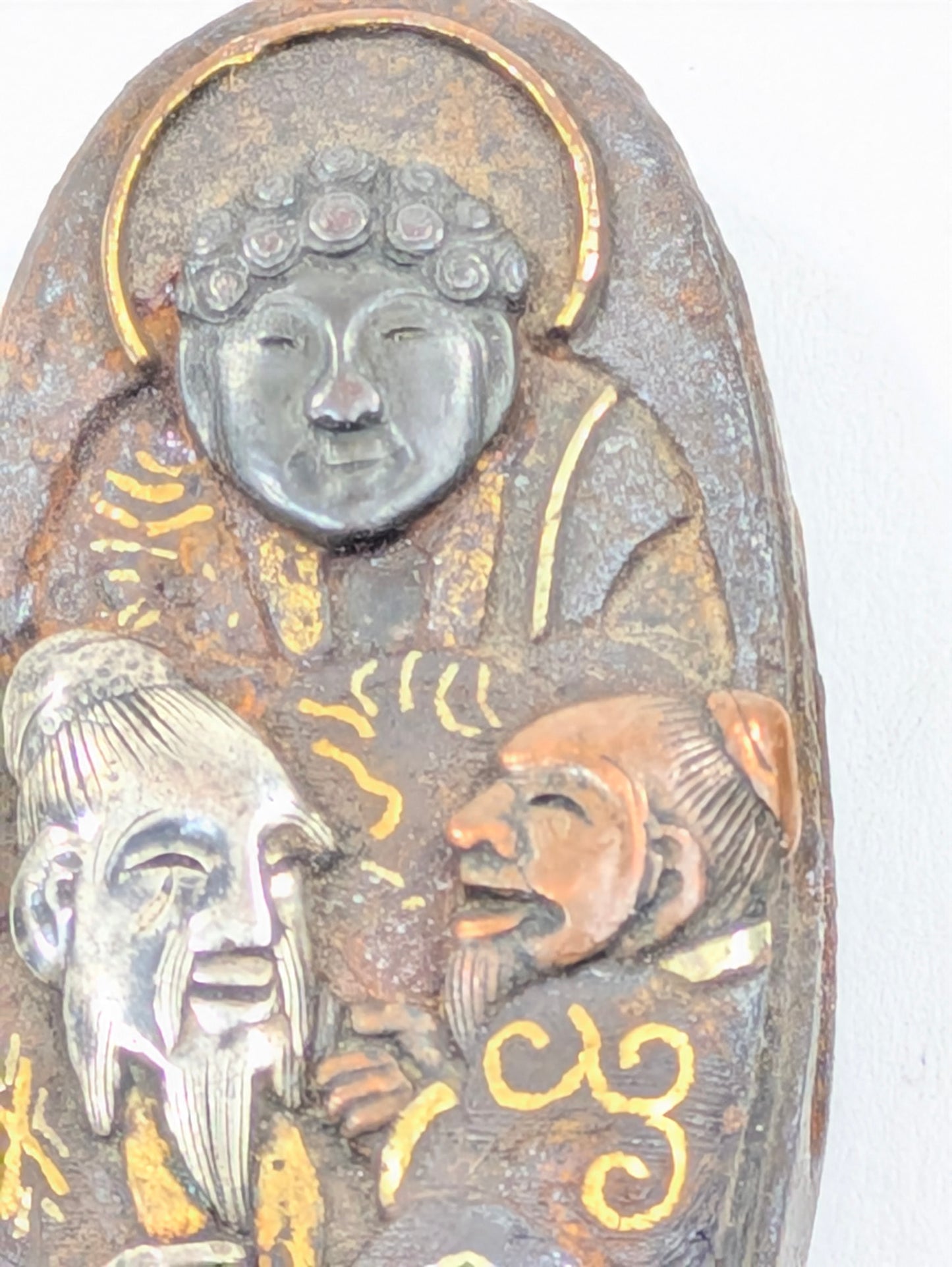 Japanese Samurai Sword Kashira Gold Ornament 19c Buddha Confucius Lao-Tze LS #074