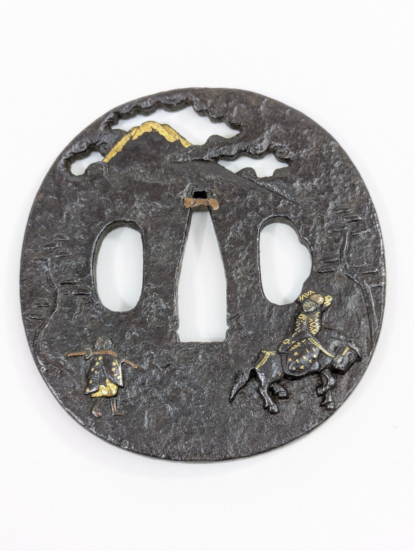 Iron Tsuba with Daimyō Procession and Fuji Japan Edo Period (18th century) Iron w/ Gold & Silver Nunome-Zōgan Inlay Guard Sword Katana