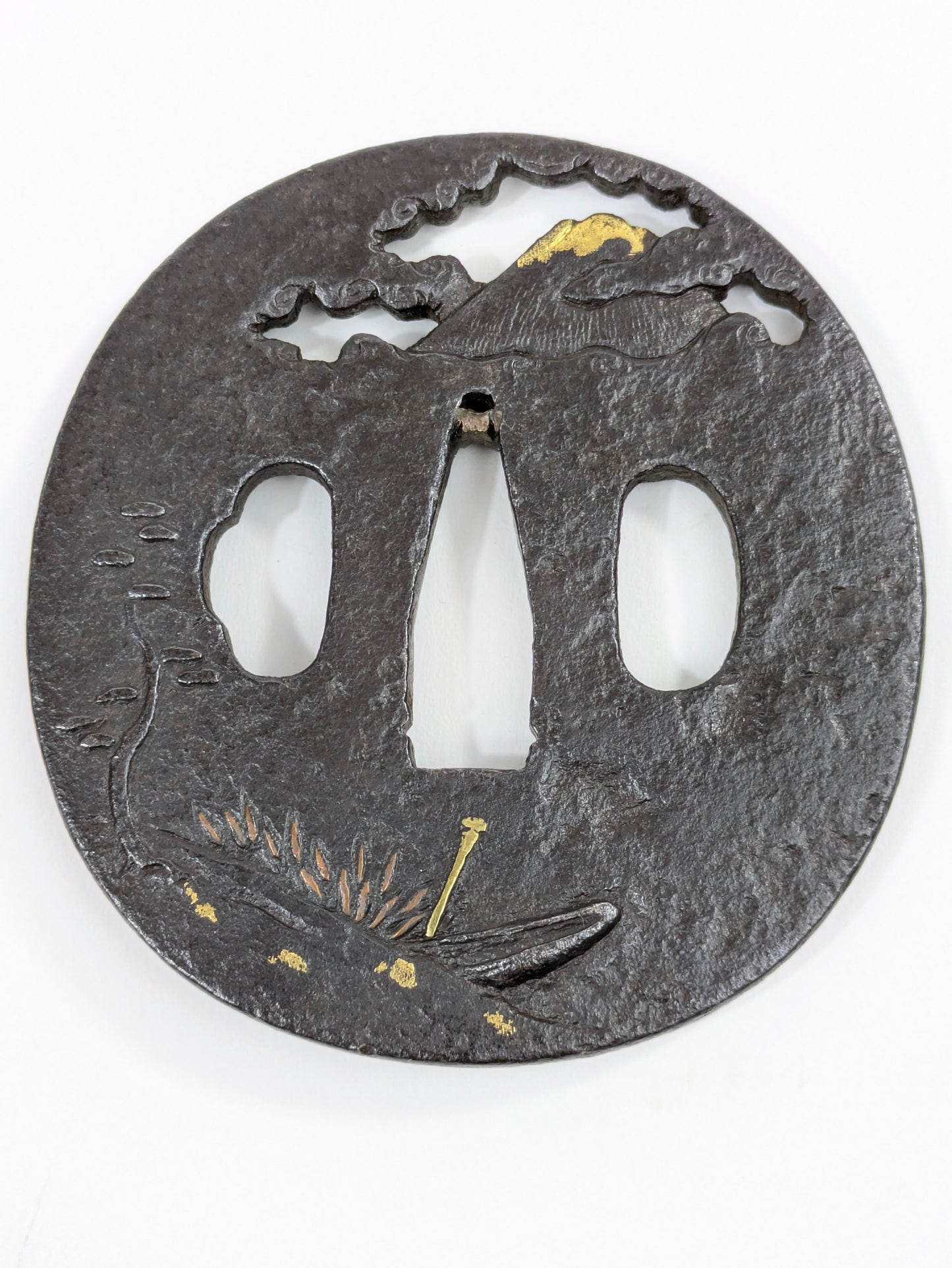 Iron Tsuba with Daimyō Procession and Fuji Japan Edo Period (18th century) Iron w/ Gold & Silver Nunome-Zōgan Inlay Guard Sword Katana
