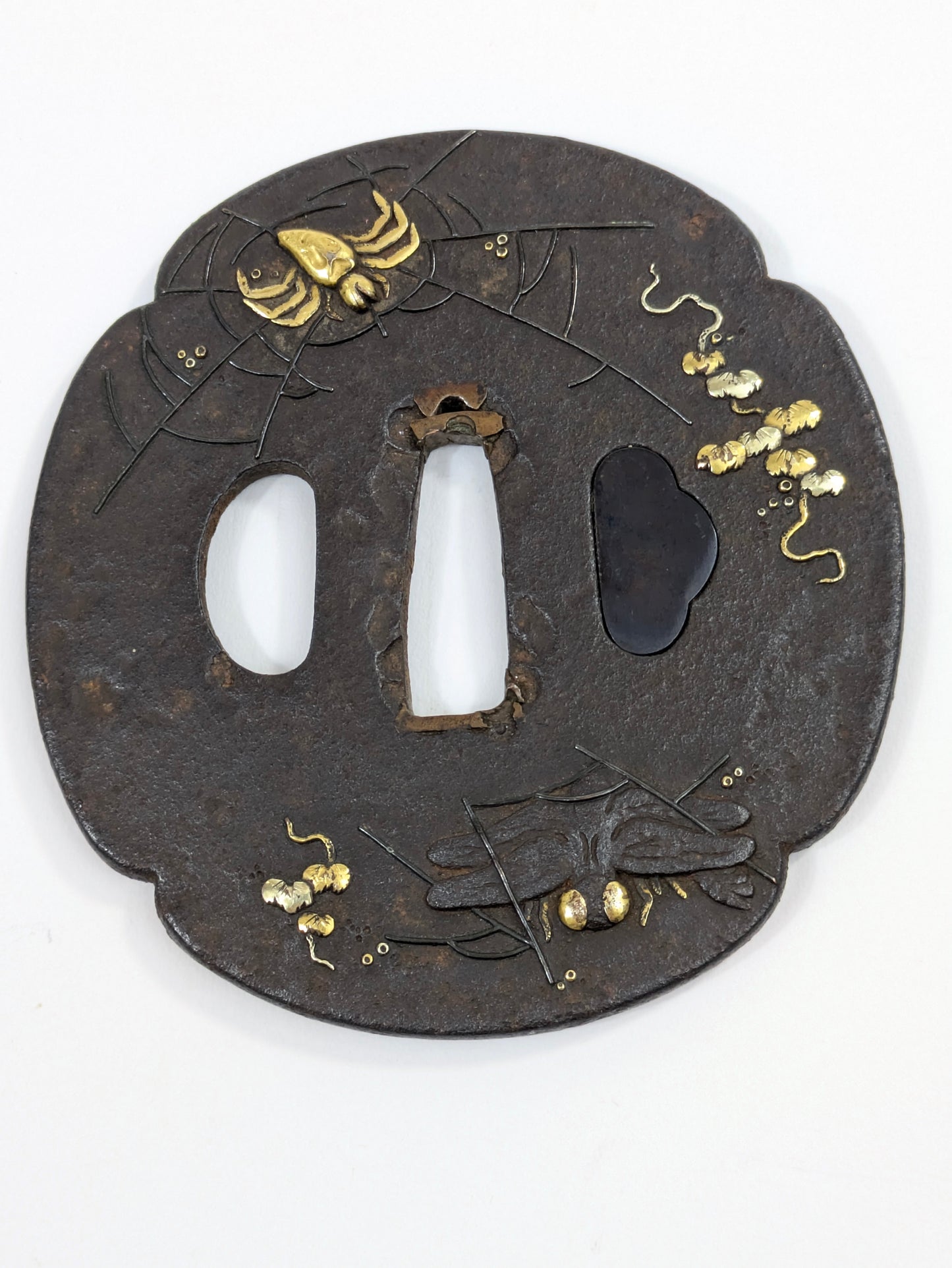 Antique Japanese Iron Tsuba – Spider, Dragonfly, and Ivy – Edo Period Samurai Sword Guard