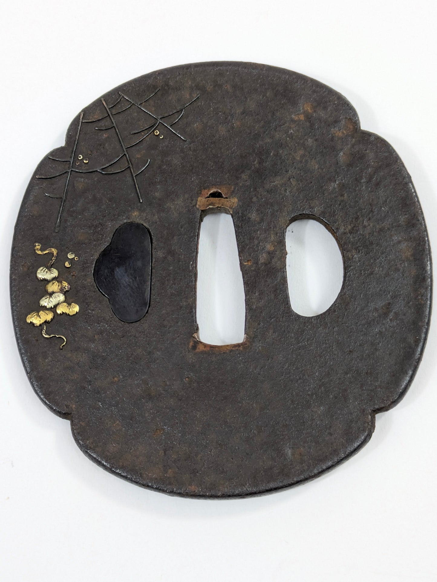Antique Japanese Iron Tsuba – Spider, Dragonfly, and Ivy – Edo Period Samurai Sword Guard