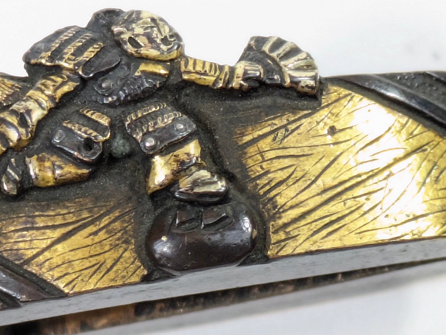 Antique Japanese Edo-Period Sword Katana Fuchi Kashira Samurai Warrior in Gold on Shakudō