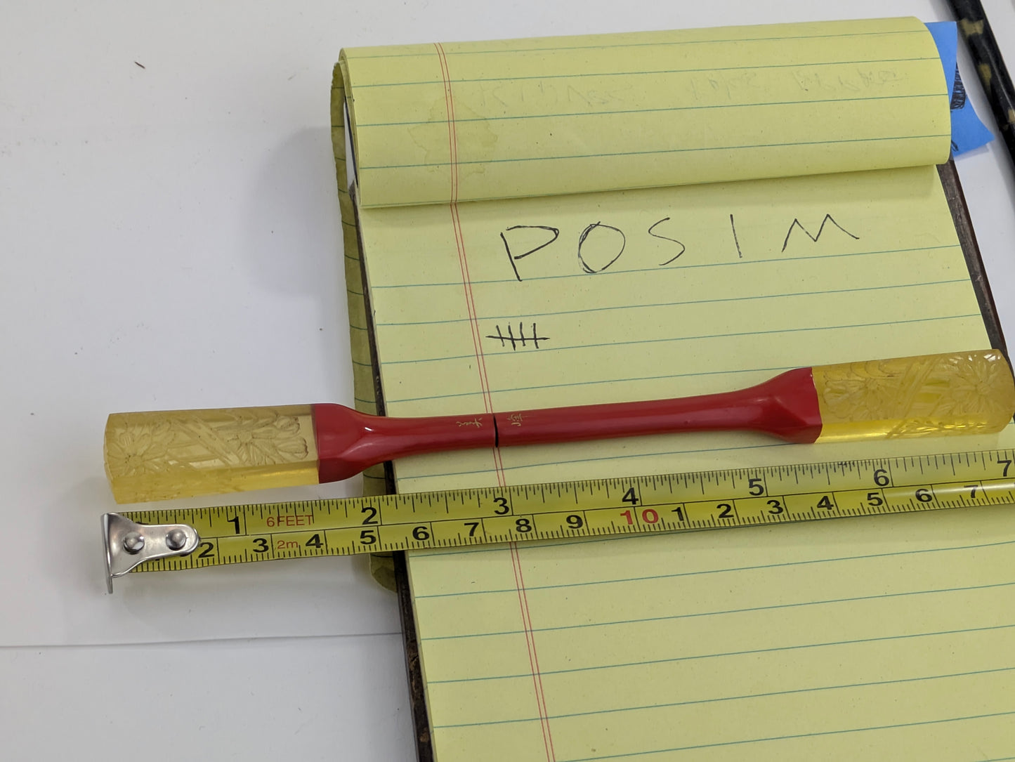 Antique Japanese Kogai Hair Ornament – Red Lacquer with Etched Chrysanthemum on Amber Celluloid – Signed – 8¼"