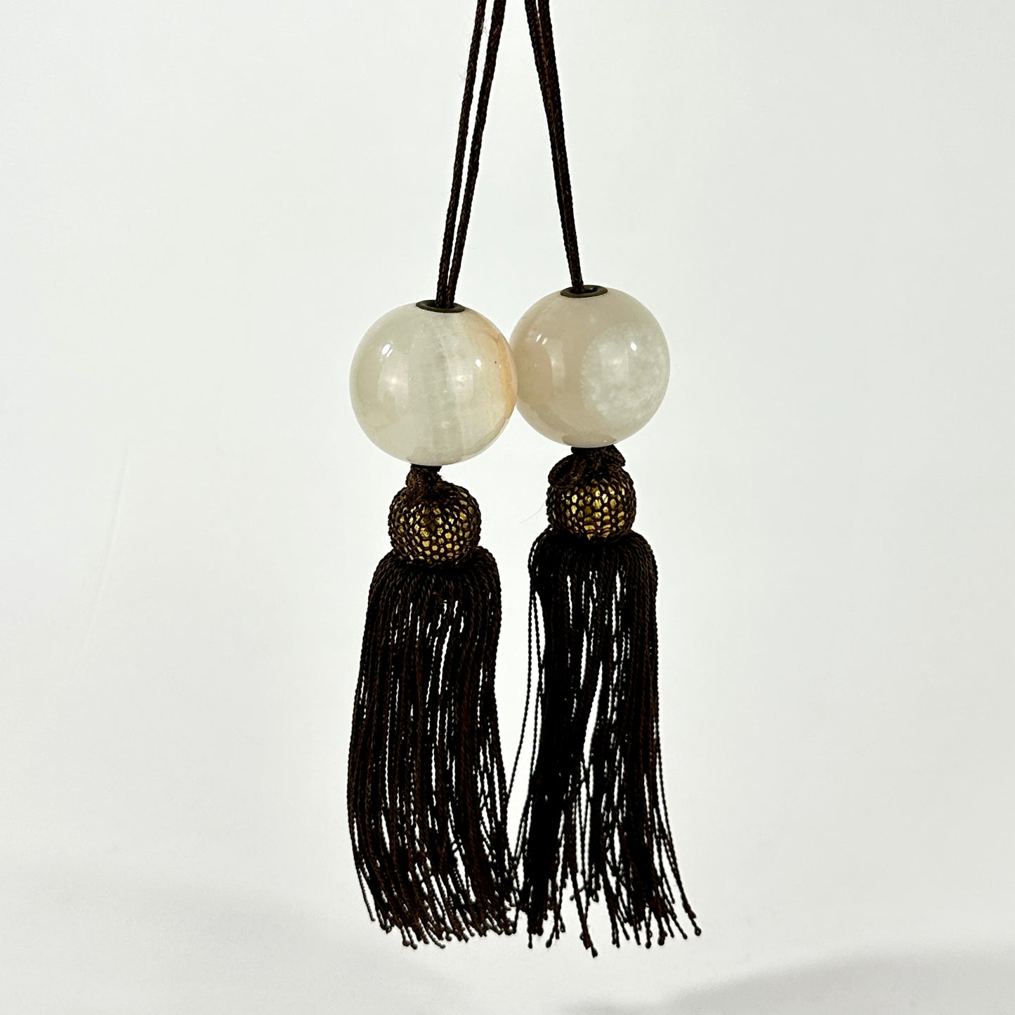 Vintage Japanese Fuchin Scroll Weights Calcite Stone Silk Tassels Pair 4cm