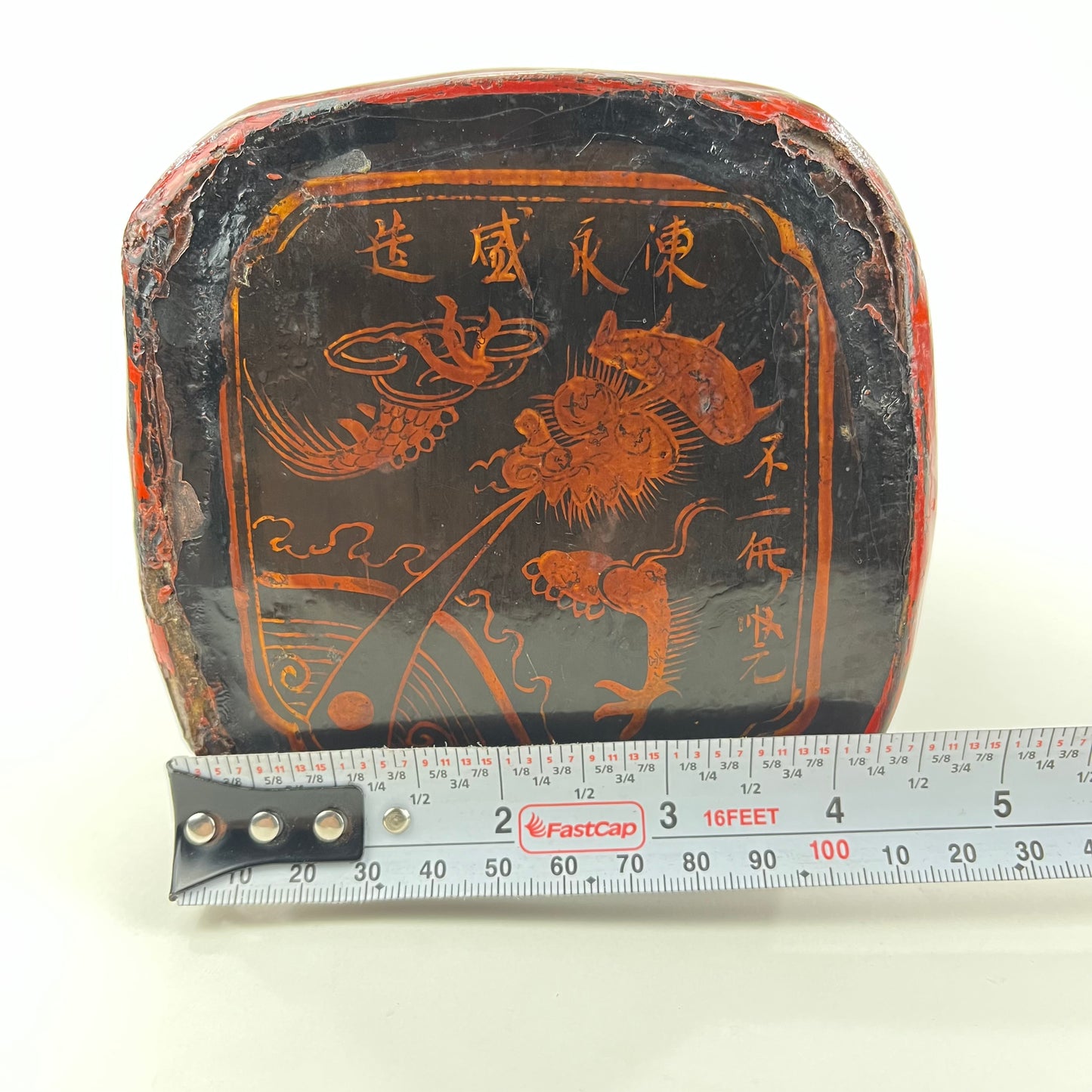 Antique Chinese Headrest Leather Pillow Laquer Red & Black 18.5”x4.5”