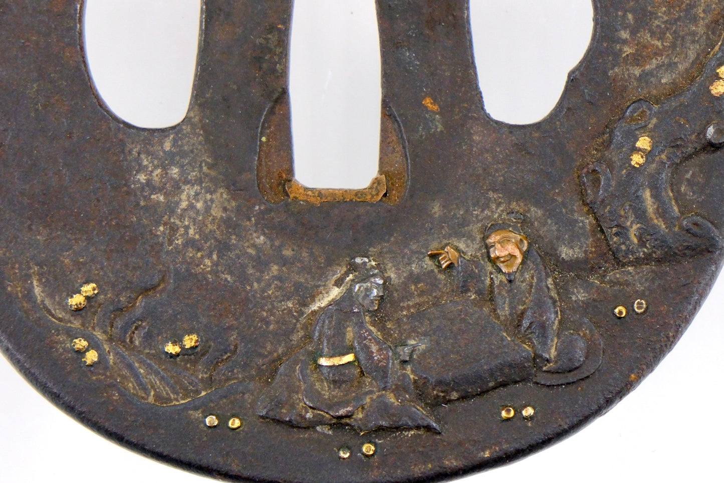 Antique Japanese Samurai Iron Tsuba Sword Hilt Guard Gold Copper Inlay