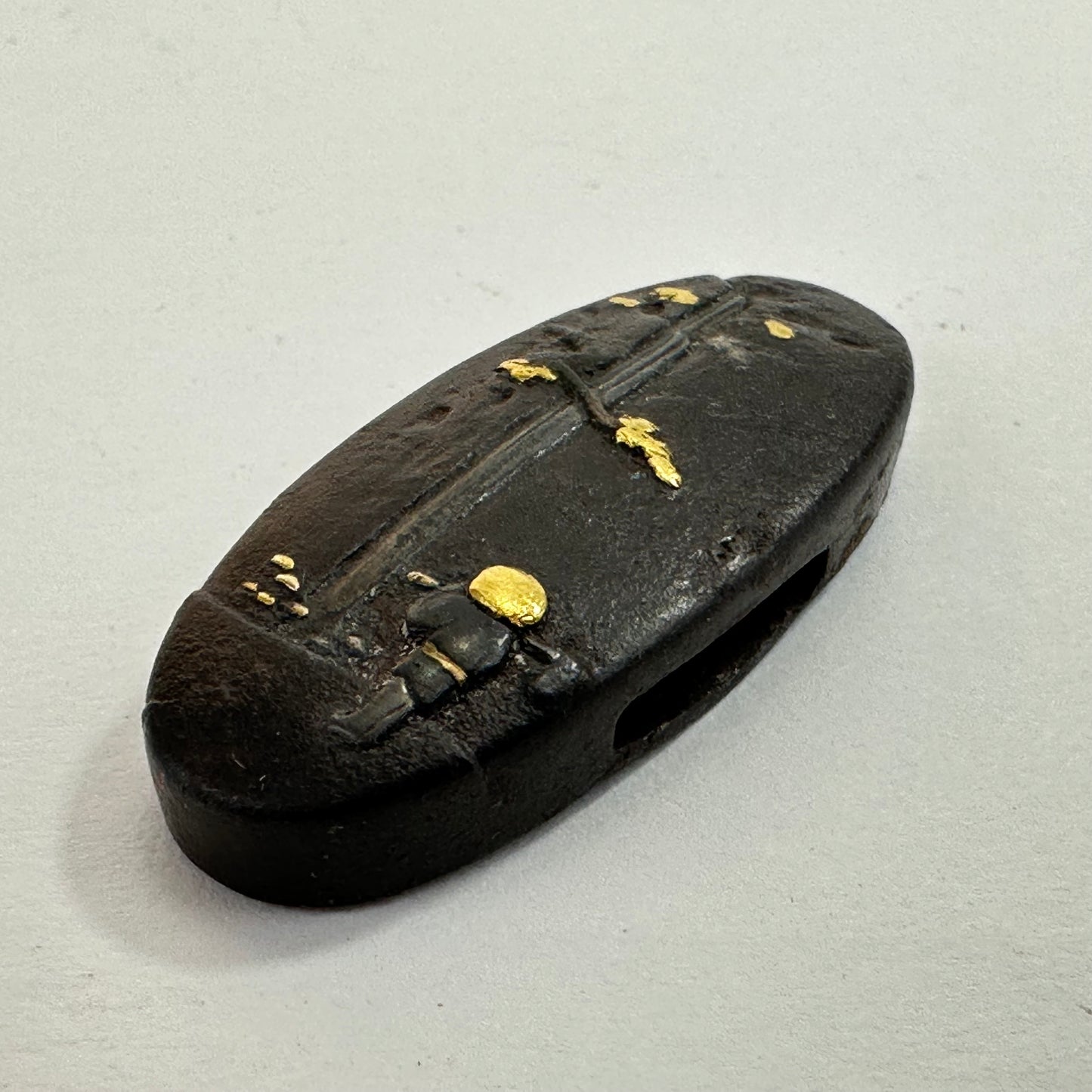 Antique Japanese Edo-Period Sword Katana Kashira Samurai in Gold on Shakudō
