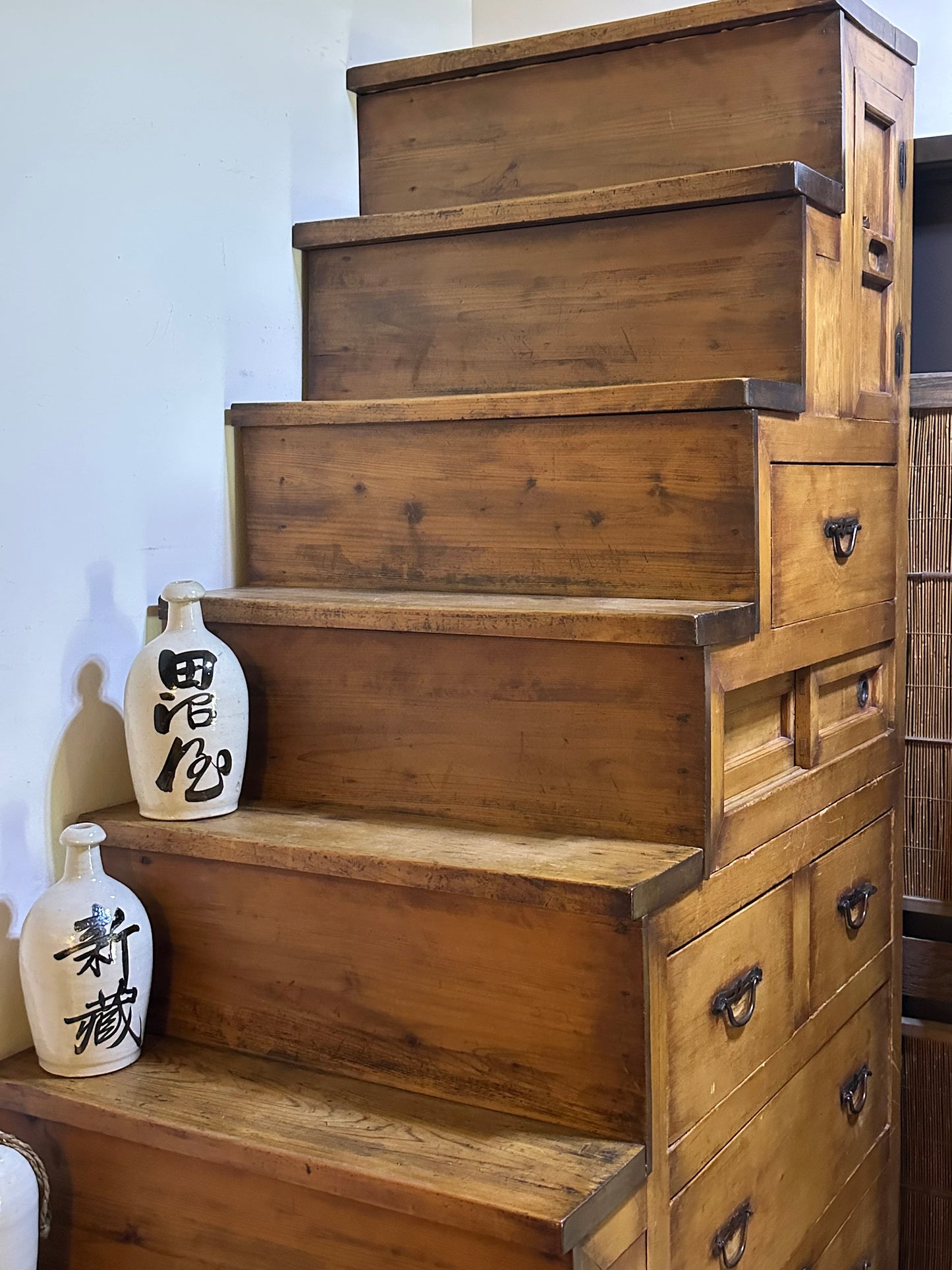 Antique Japanese Meiji Era (1868-1912) Kaidandansu Stair Tansu Sugi Wood 88"H