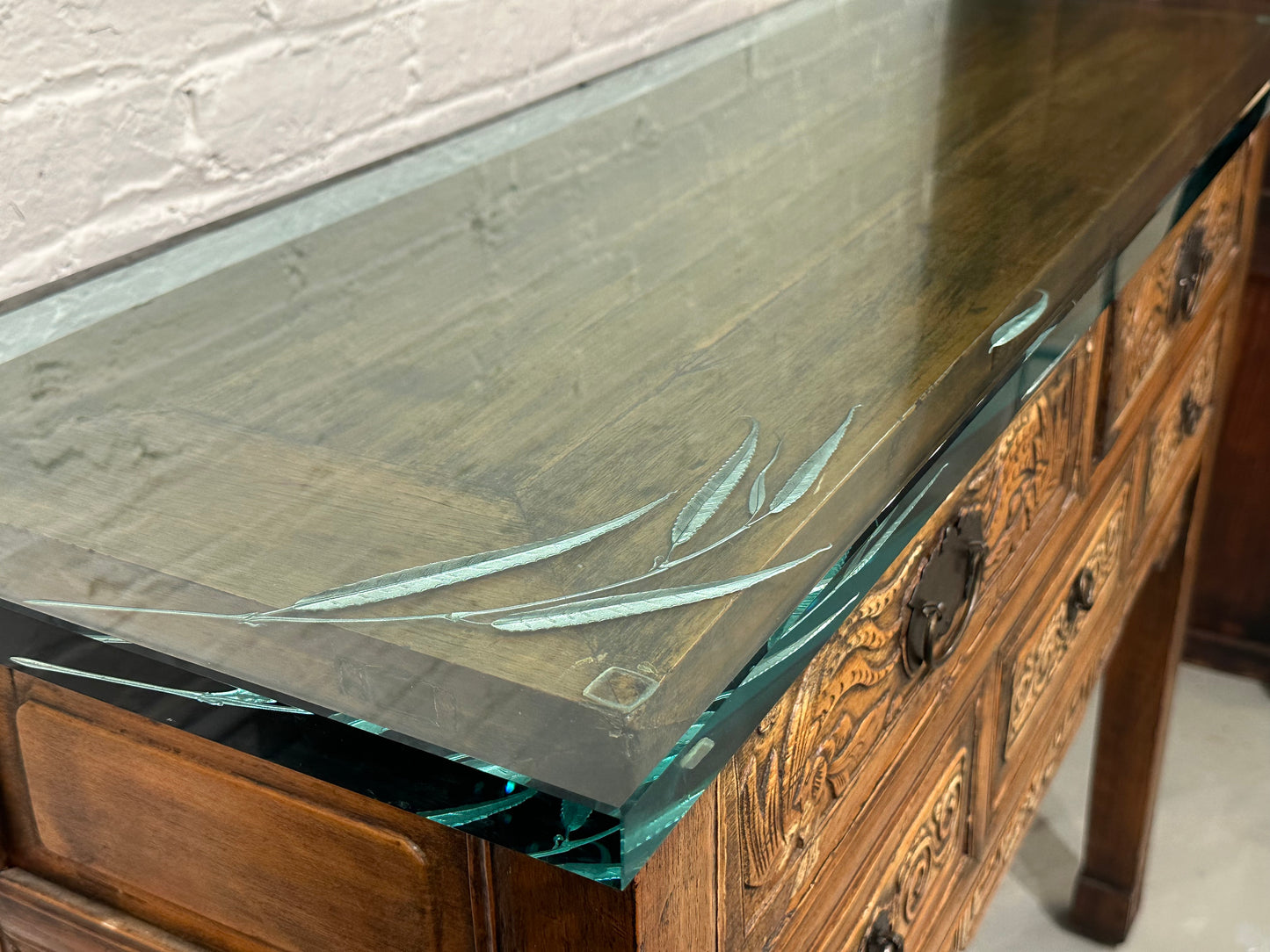 Antique Chinese Qing Dynasty Console Alter Table Carved 3/4" Etched Crystal Top