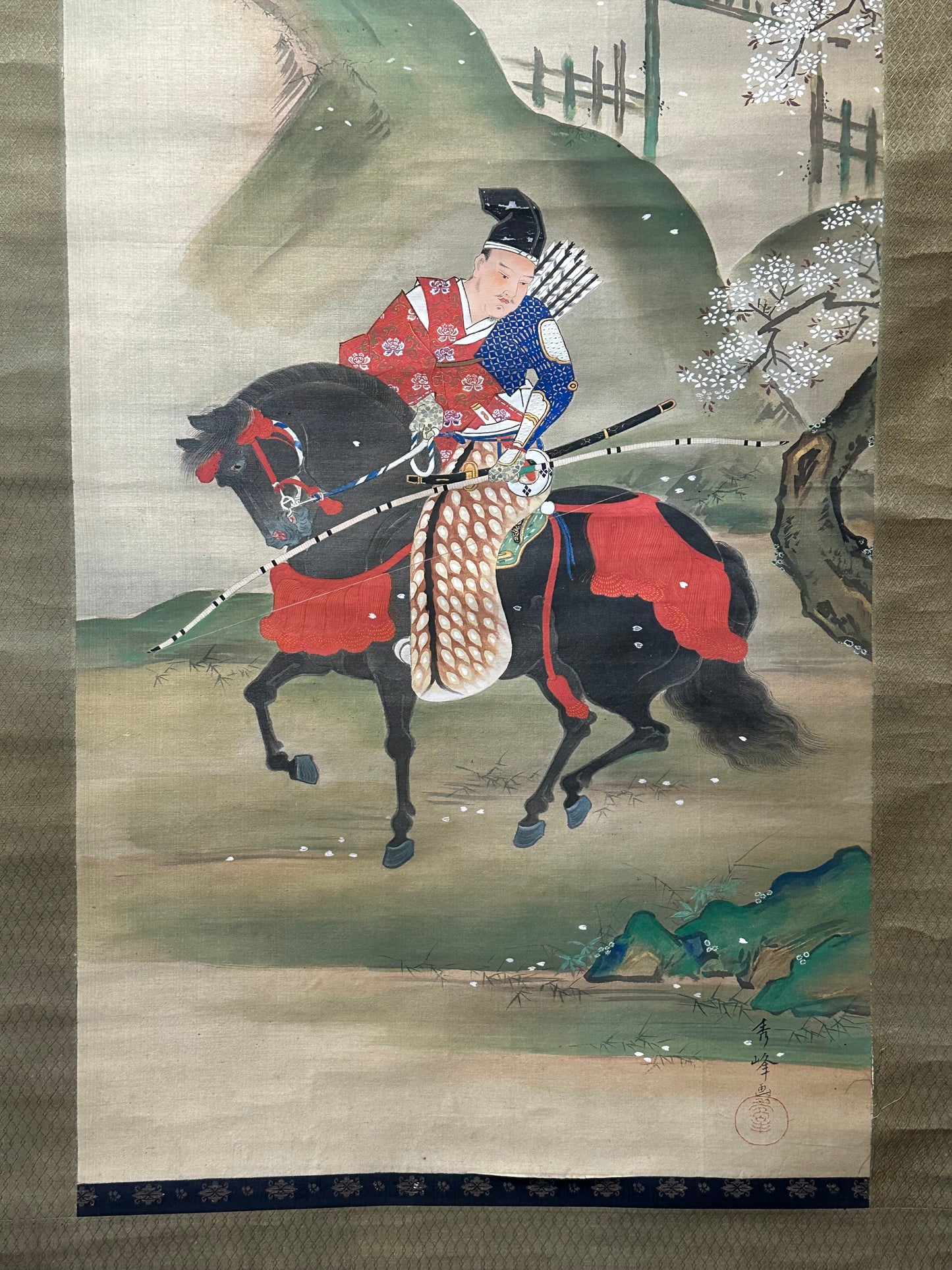 Japanese Antique Scroll Kakejiku Hand Painted Samurai Archer Minamoto 73"