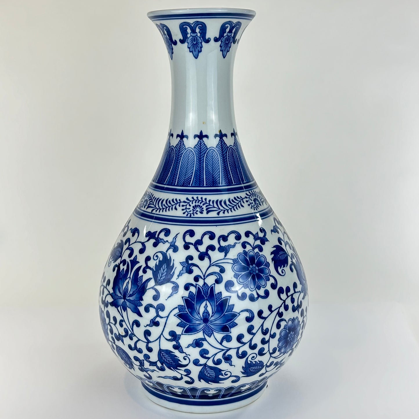 Vintage Chinese Large Vase Blue & White Floral & Arabesque 17”H