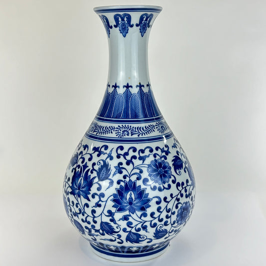 Vintage Chinese Large Vase Blue & White Floral & Arabesque 17”H