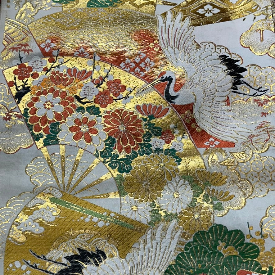 Antique Japanese Silk Obi Sash Gold Fan Crane and Chrysanthemum 13′L