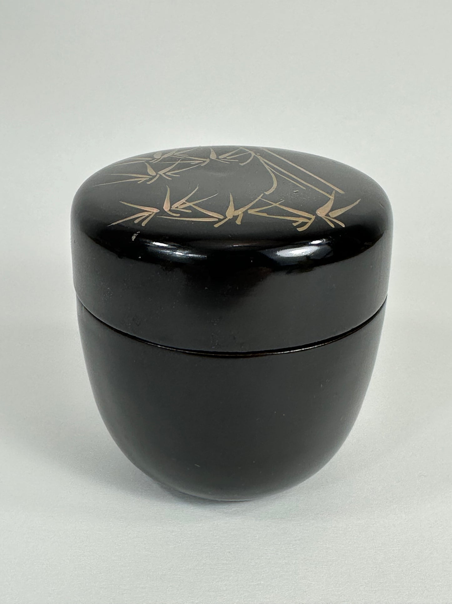 Vintage Japanese Tea Ceremony Natsume Black Lacquer Silver Bamboo 3”