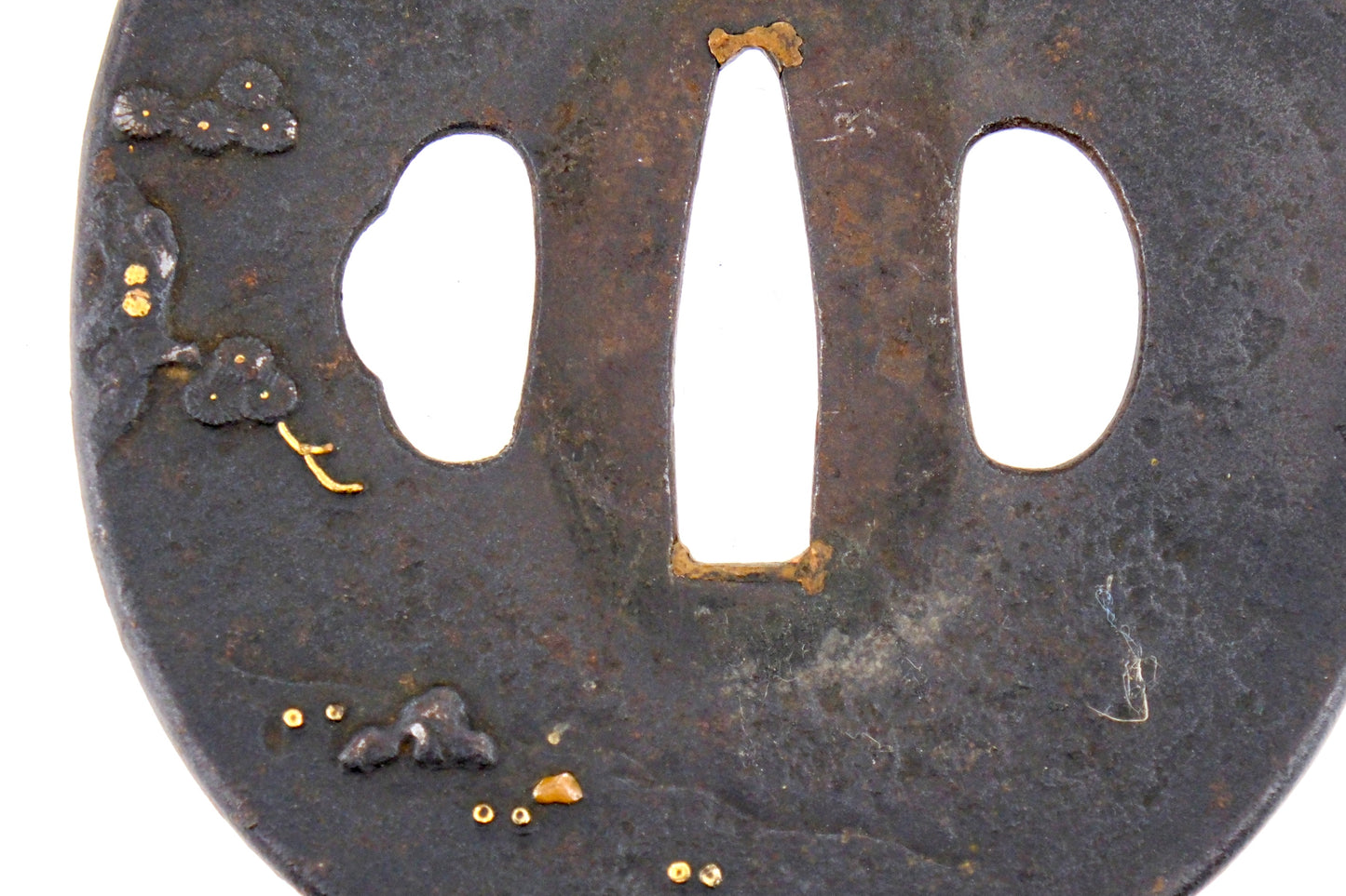 Antique Japanese Samurai Iron Tsuba Sword Hilt Guard Gold Copper Inlay