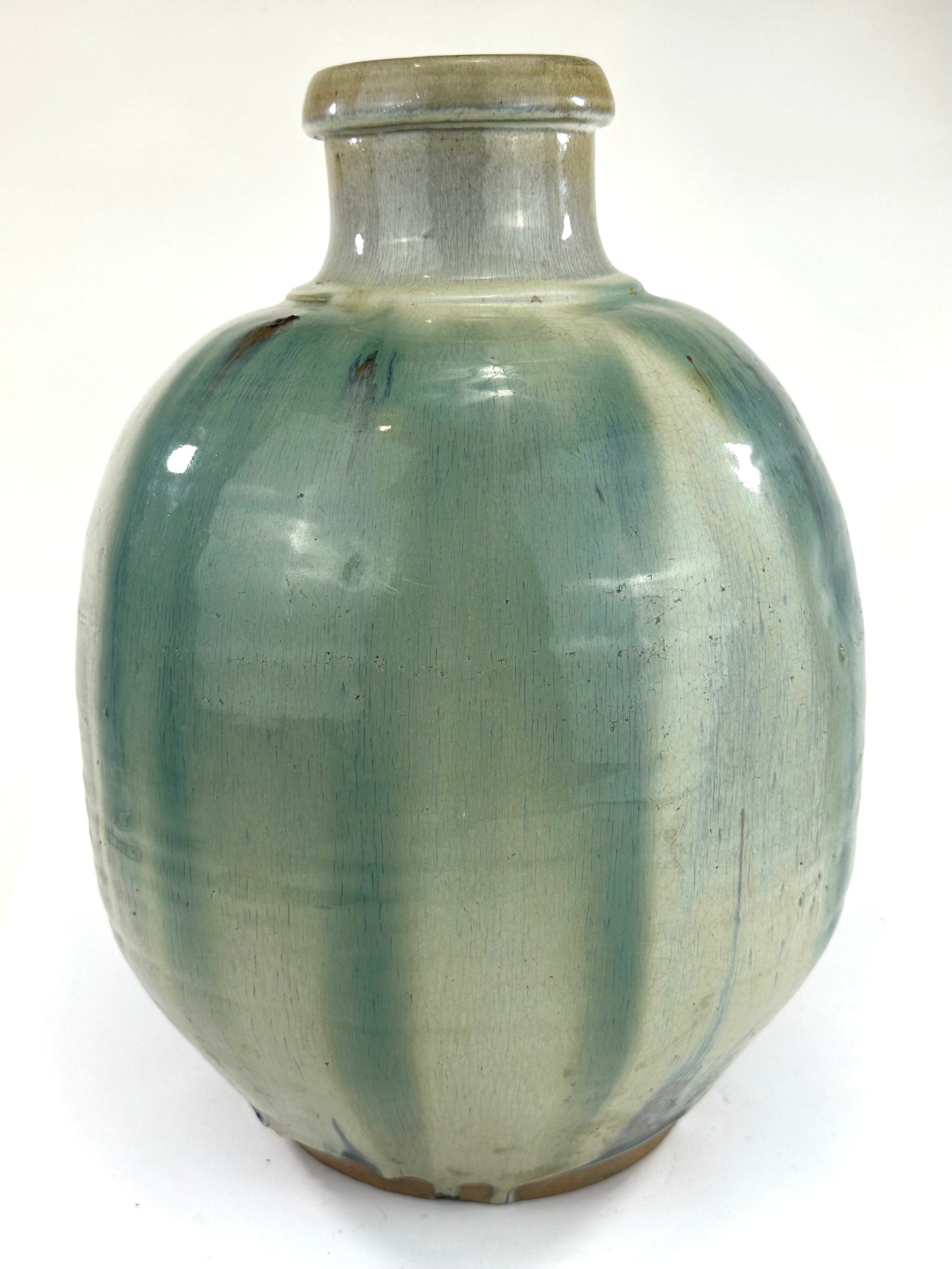 Antique Japanese Tsubo Urn Blue-Green Shigaraki Drip Glaze 16"H