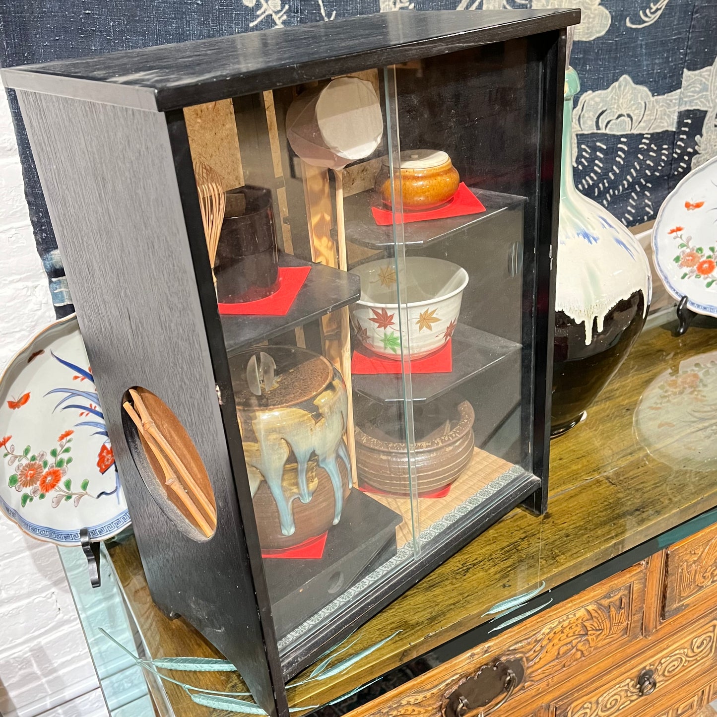 Vintage Japanese Lacquered Tea Display Box w/ Glass Front