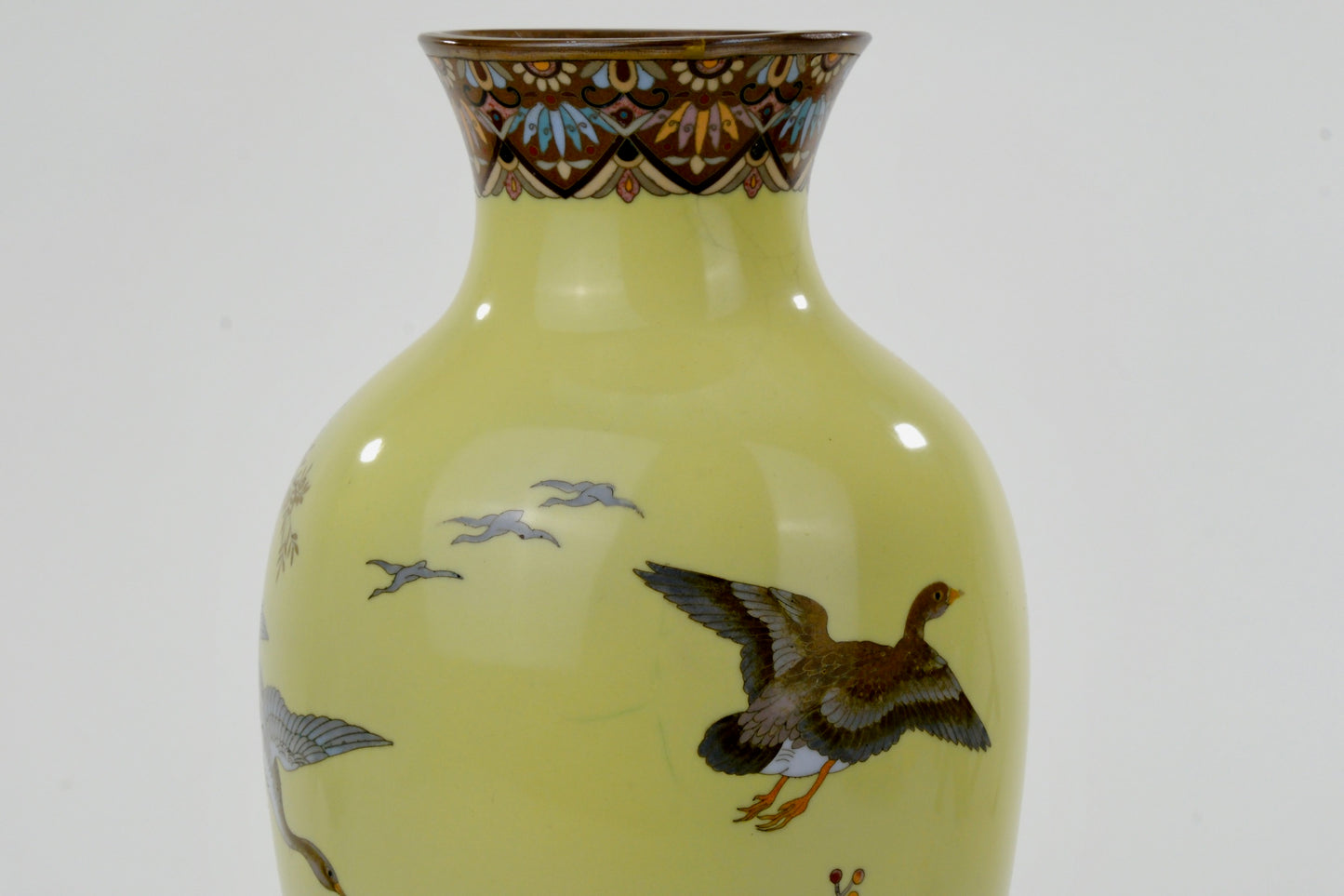 Antique Japanese Meiji Era (c1880) Cloisonné Vase Geese in Flight Yellow 10”