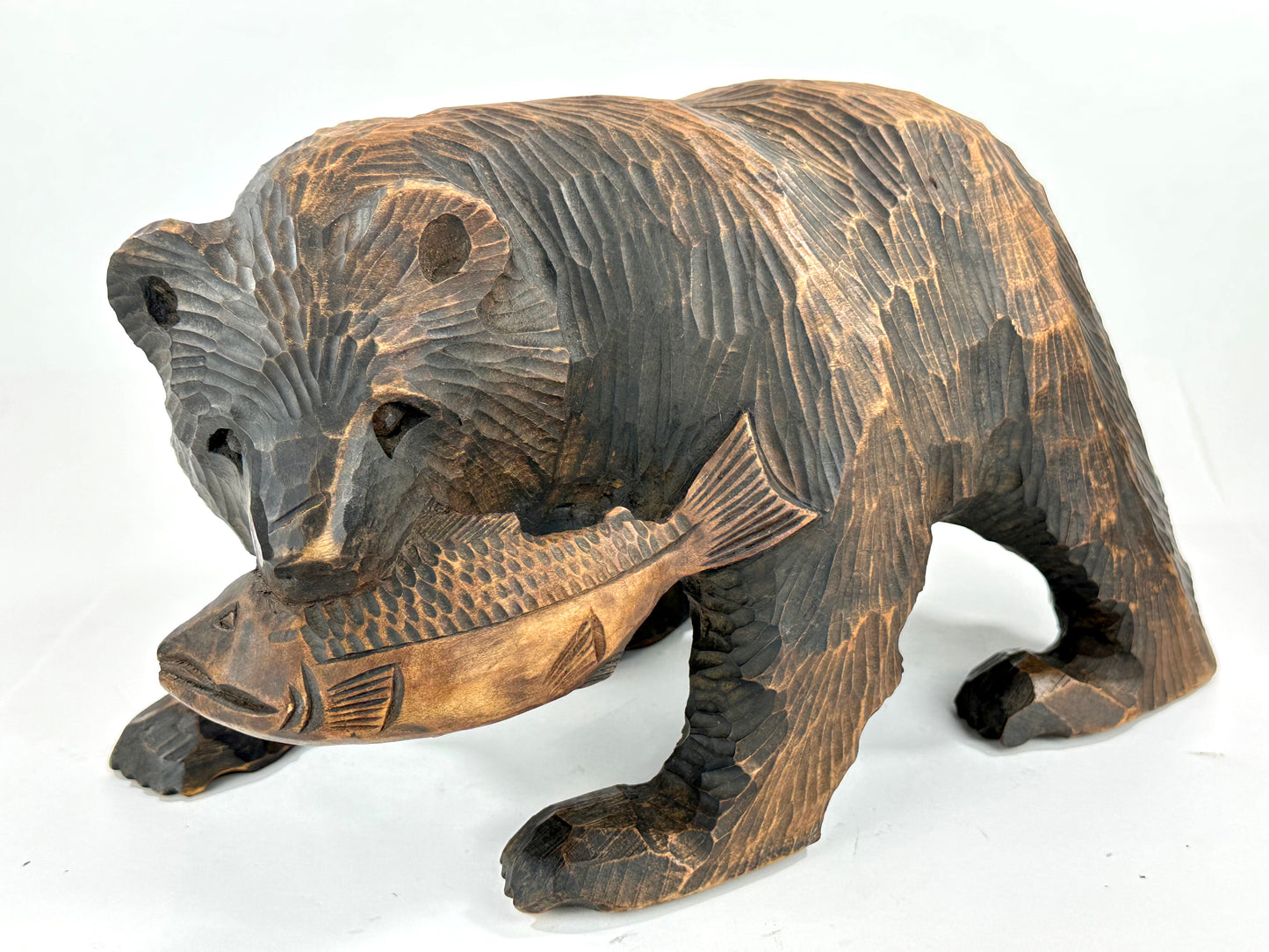 Vintage Japanese Ainu Bear Kuma w/ Salmon Signed & Dated 1972 Sugi Wood ~13"