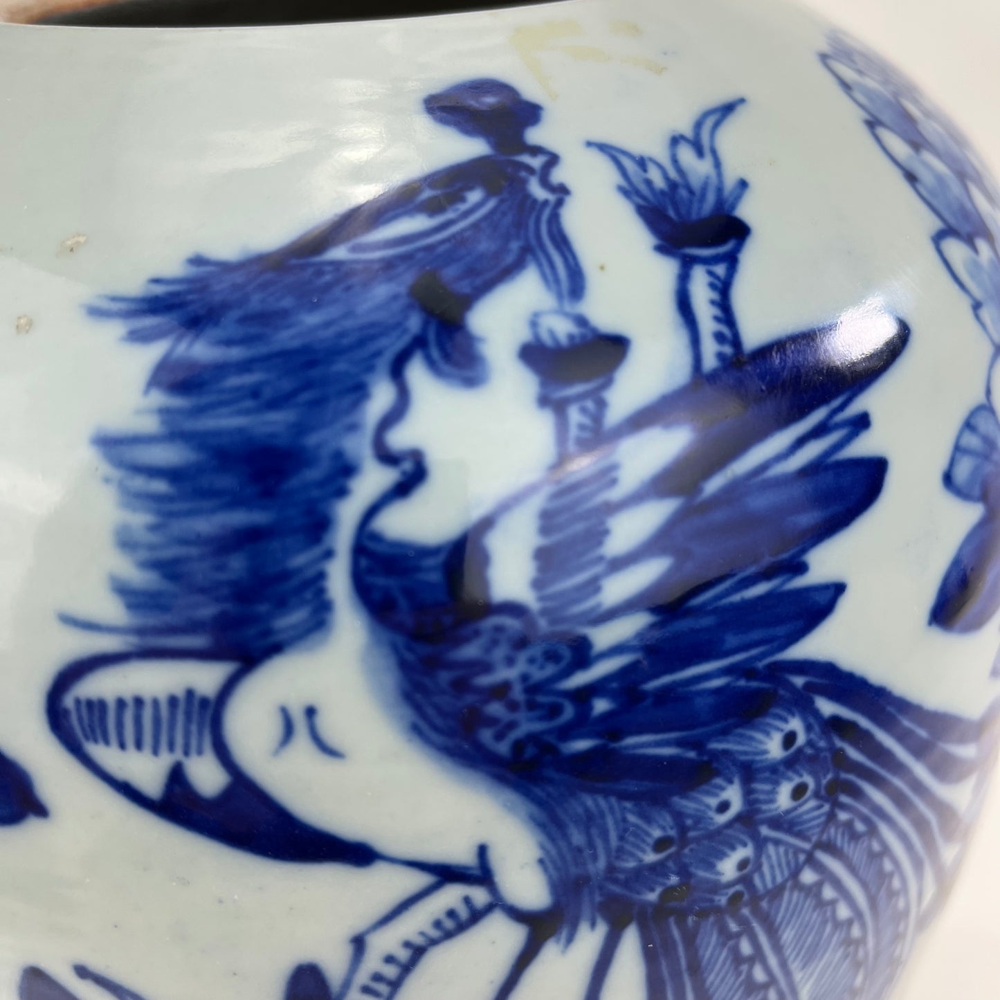 Antique Chinese Qing 19th Blue & White Ginger Jar Hand Painted Phoenix 11"