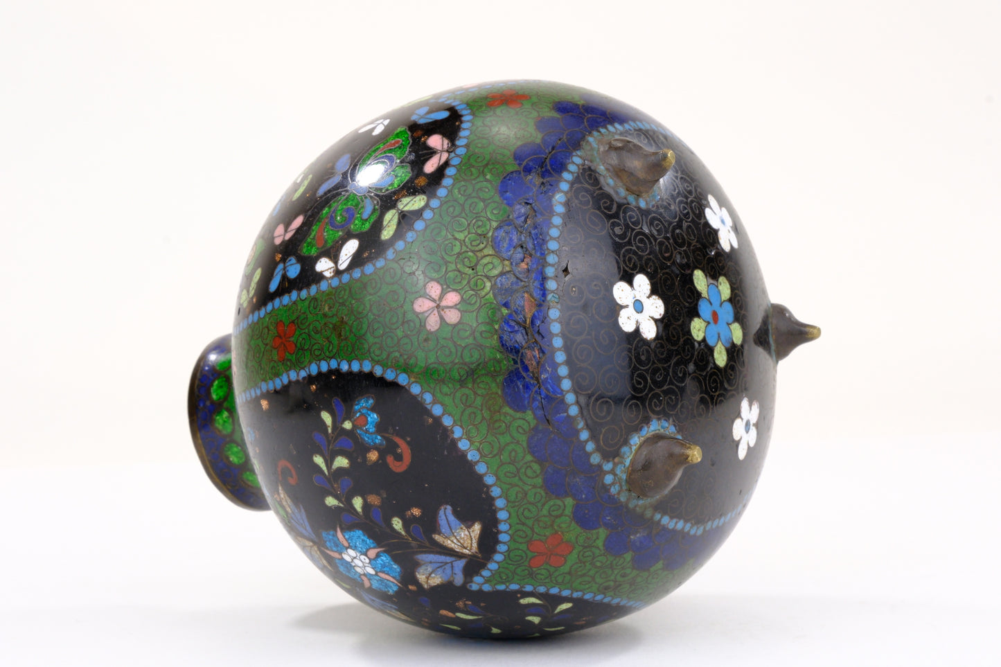 Chinese Cloisonne Enamel Jar Black Ground Polychrome Floral Fret Pattern Turquoise