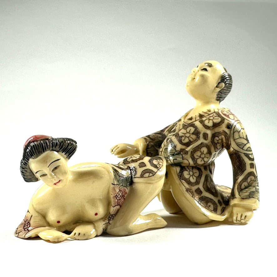 Vintage Japanese Shunga Erotic Figurine Couple Faux-Ivery Resin Hand Painted Showa e