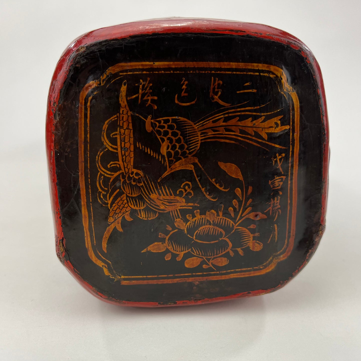 Antique Chinese Headrest Leather Pillow Laquer Red & Black 18.5”x4.5”