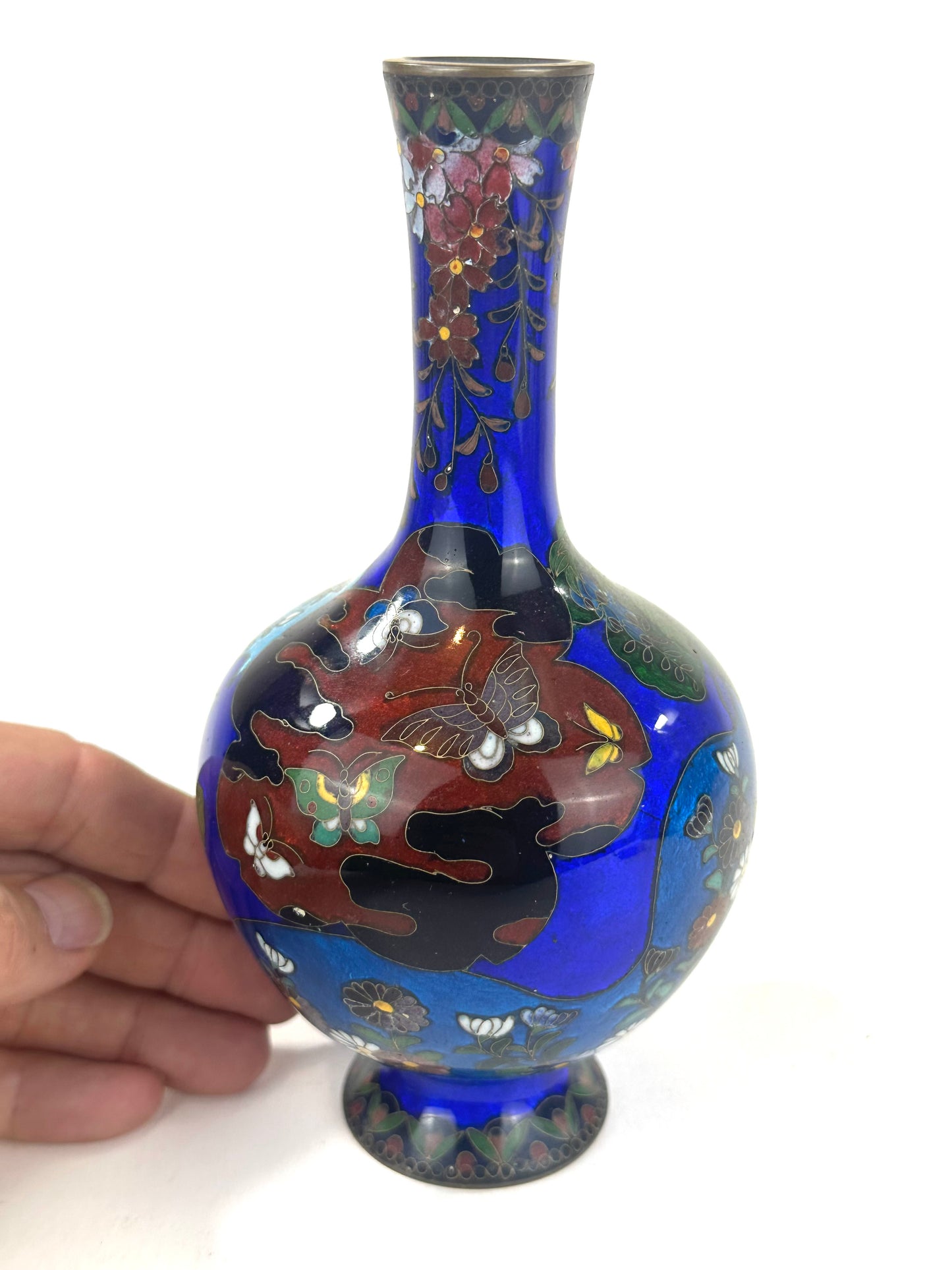 Antique Japanese Meiji Era (c1880) Cloisonné Vase Cobalt Blue 7”H