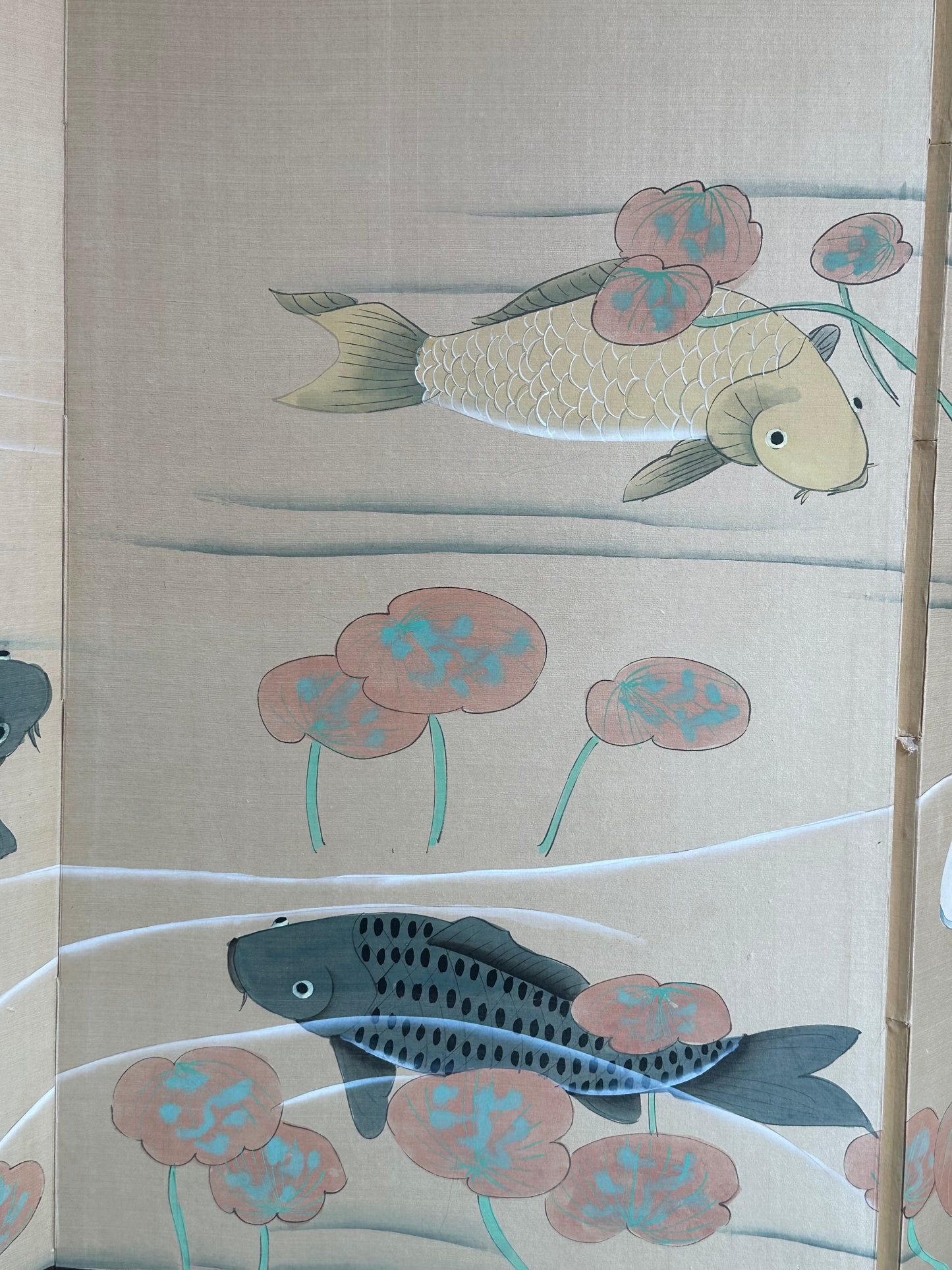 Vintage Japanese 4 Panel Folding Screen Wall Hanging Koi Fish 36"H
